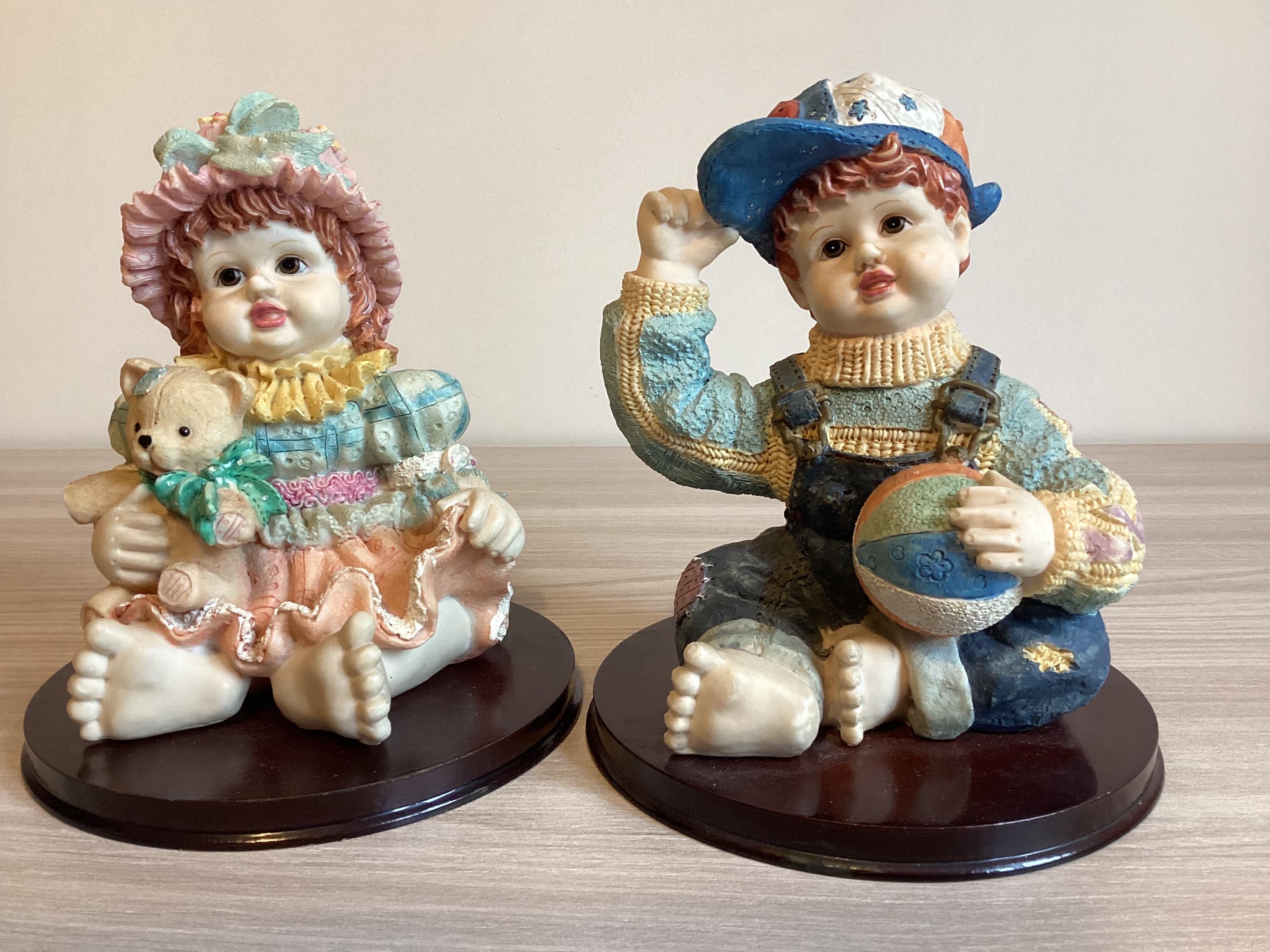 Vintage Italian Figurines | Pair of Hand-Painted Resin Children, Mounted on Base — photo 4 of 7