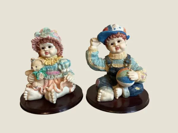 Vintage Italian Figurines | Pair of Hand-Painted Resin Children, Mounted on Base