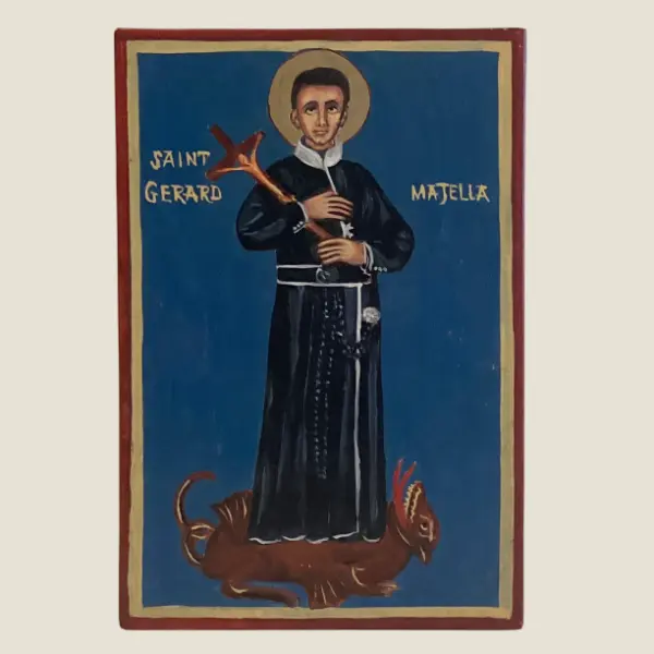 Vintage Religious Icon | Saint Gerard Majella 1950s, Hand Painted Oil on Wood