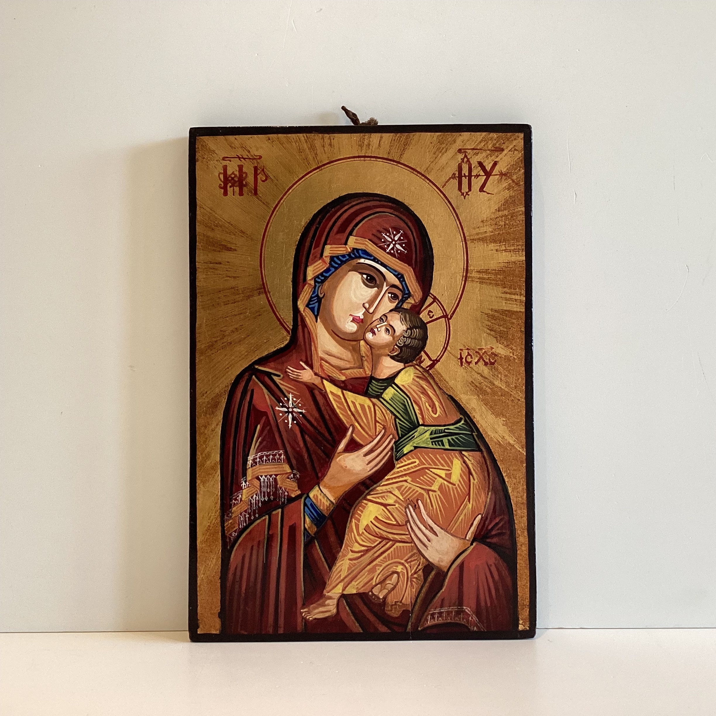 Vintage Icon | 1960s Virgin Mary with Jesus, Hand-Painted Orthodox Tempera on Wood — photo 2 of 8