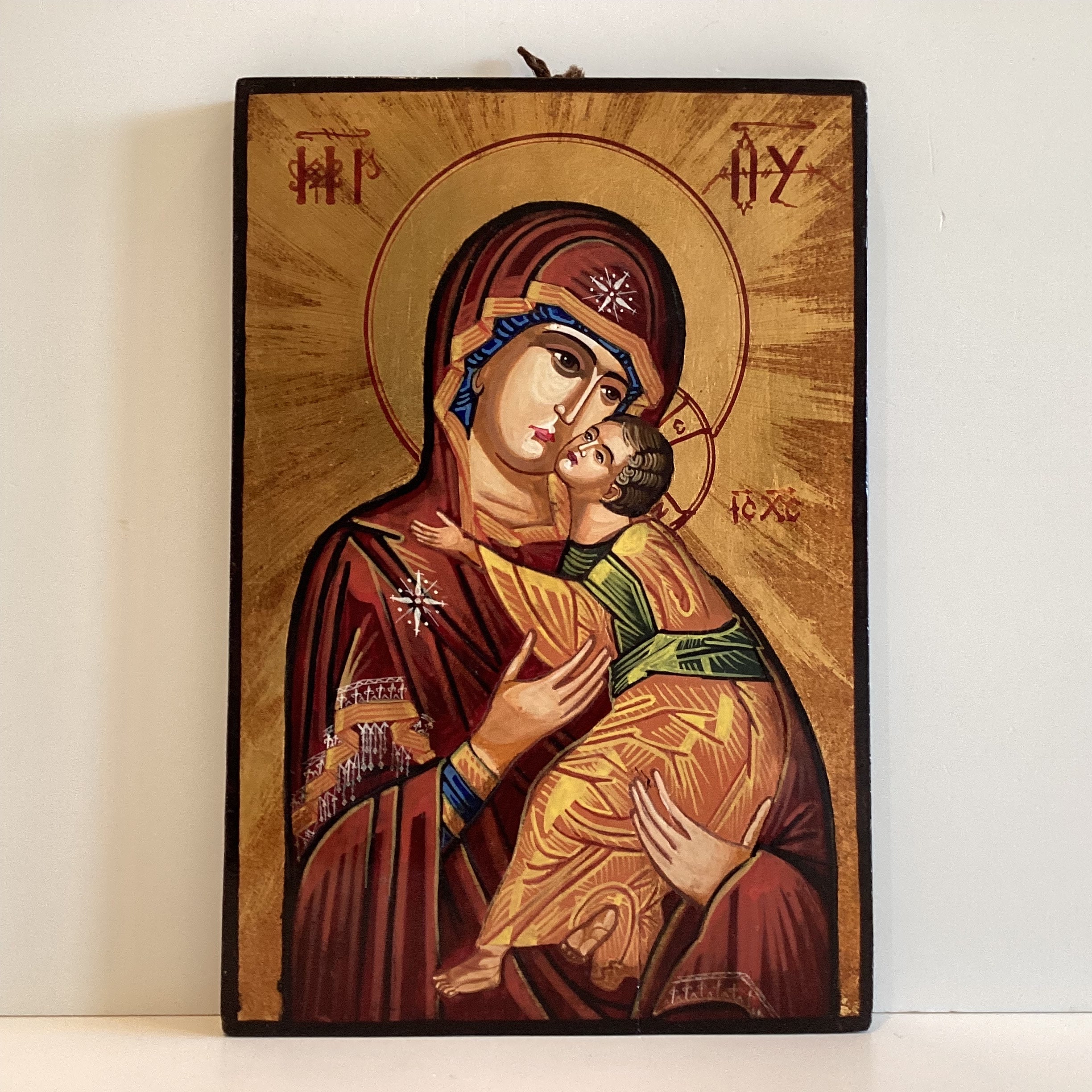 Vintage Icon | 1960s Virgin Mary with Jesus, Hand-Painted Orthodox Tempera on Wood — photo 3 of 8
