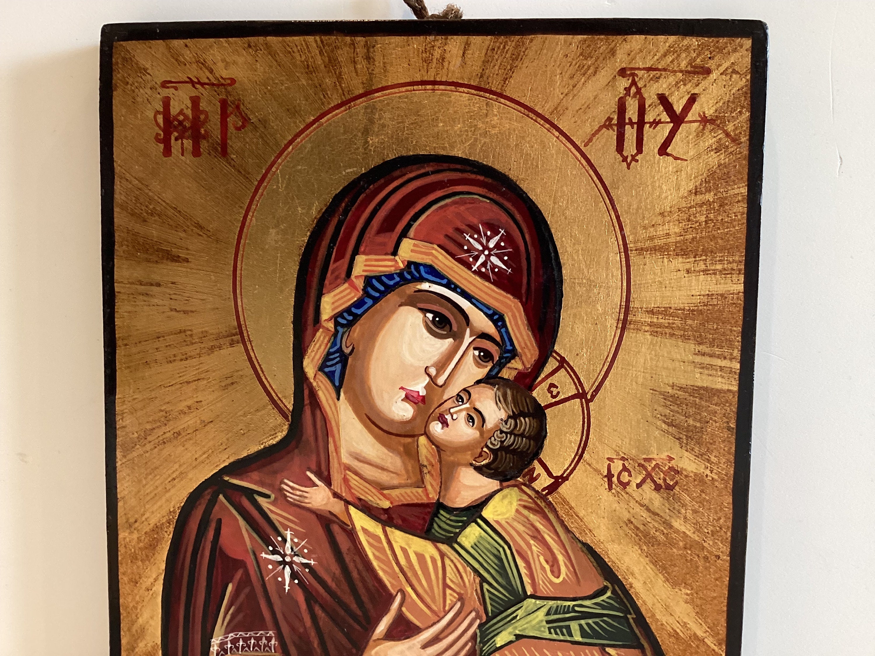 Vintage Icon | 1960s Virgin Mary with Jesus, Hand-Painted Orthodox Tempera on Wood — photo 4 of 8