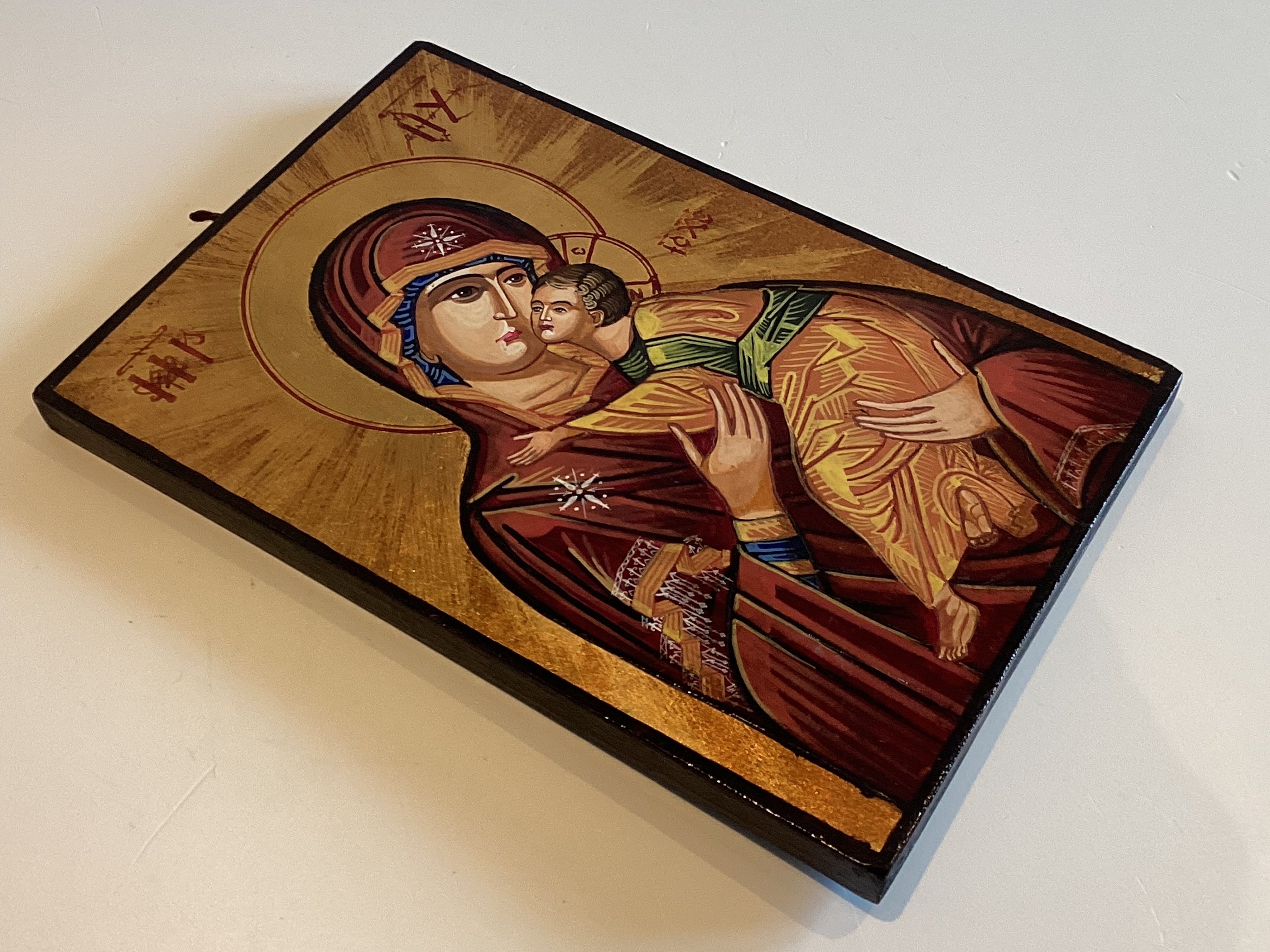Vintage Icon | 1960s Virgin Mary with Jesus, Hand-Painted Orthodox Tempera on Wood — photo 5 of 8