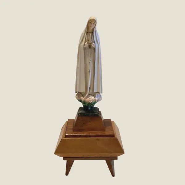 Vintage Religious Statue | Our Lady of Fátima Music Box, Hand-Painted Portugal, Swiss Movement