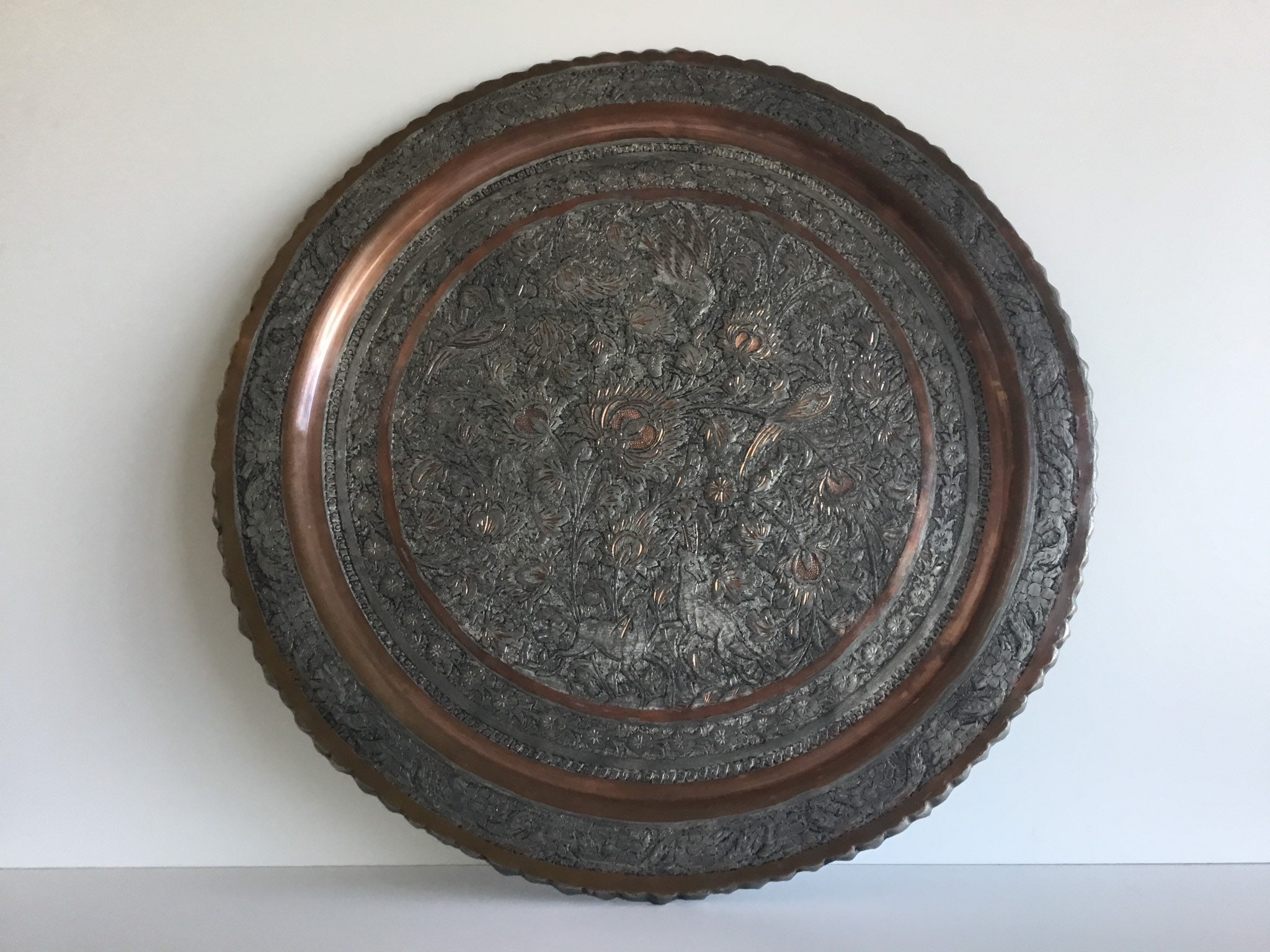 Antique Large Tray | 1800s, Floral & Animal Motif Oriental Collectible — photo 2 of 7
