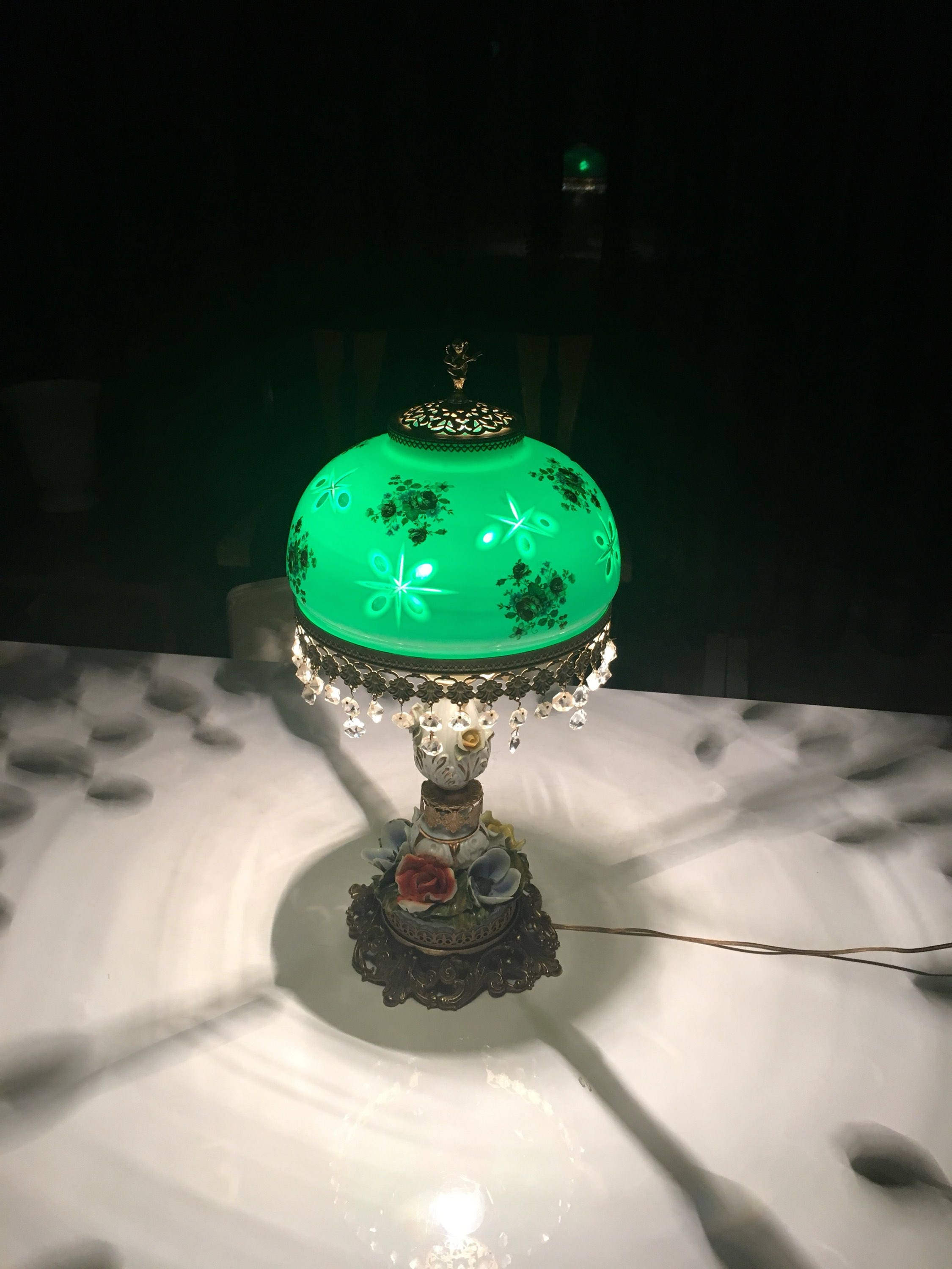 Antique Lamp – Italian Porcelain & Green Crystal Art Deco Table Light (1940s) — photo 2 of 10