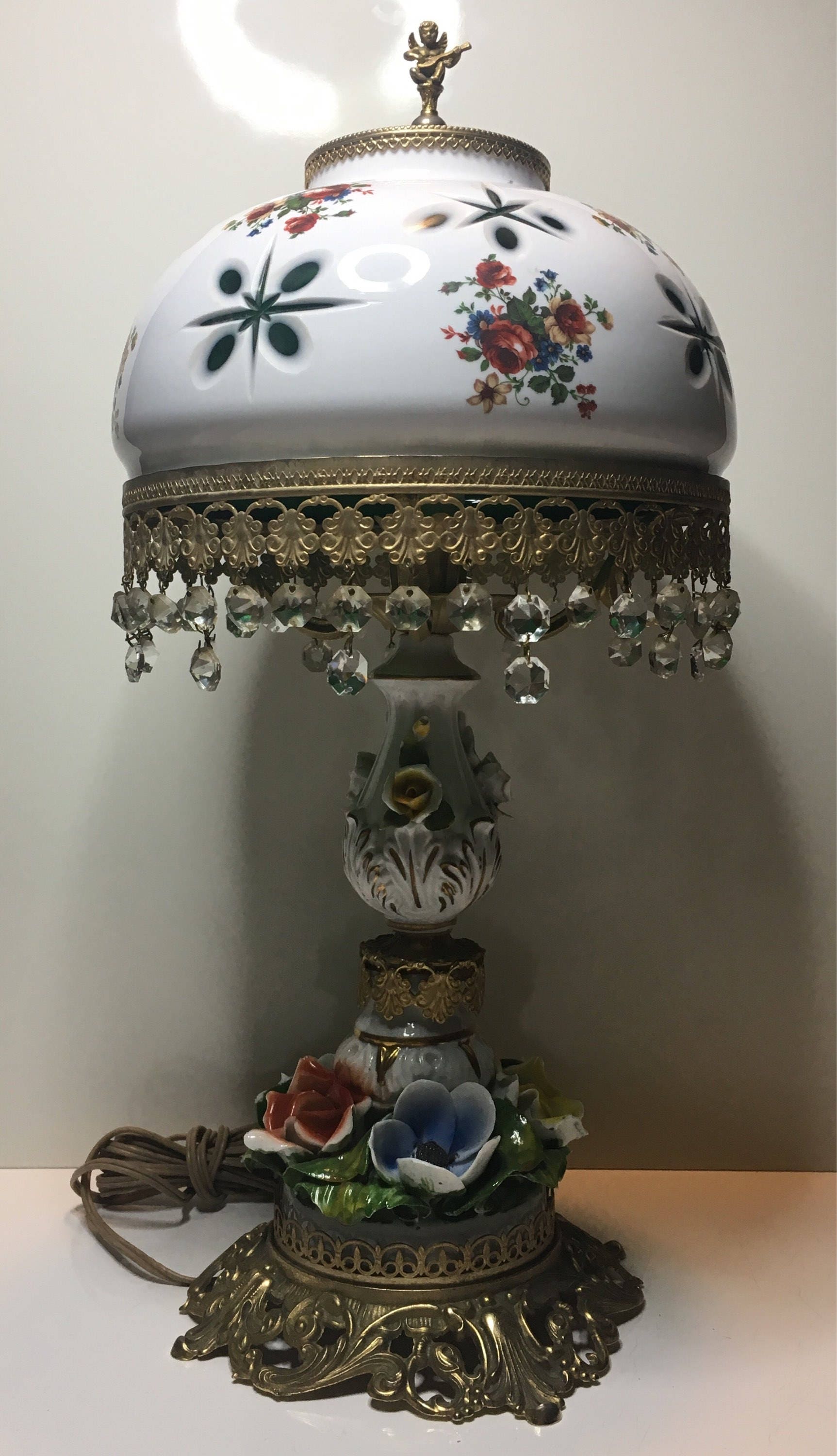 Antique Lamp – Italian Porcelain & Green Crystal Art Deco Table Light (1940s) — photo 3 of 10