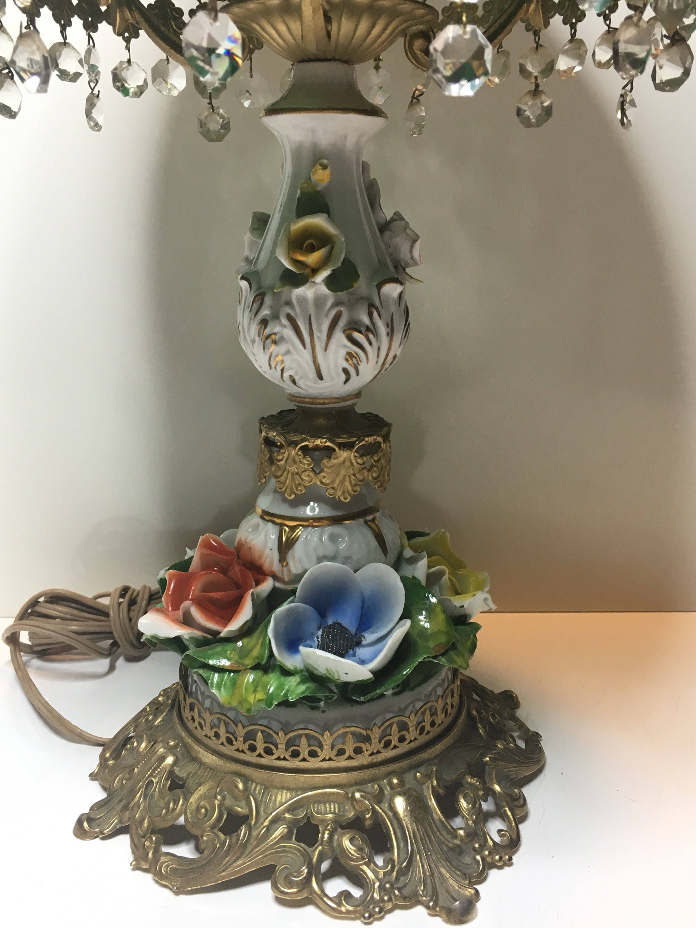 Antique Lamp – Italian Porcelain & Green Crystal Art Deco Table Light (1940s) — photo 4 of 10