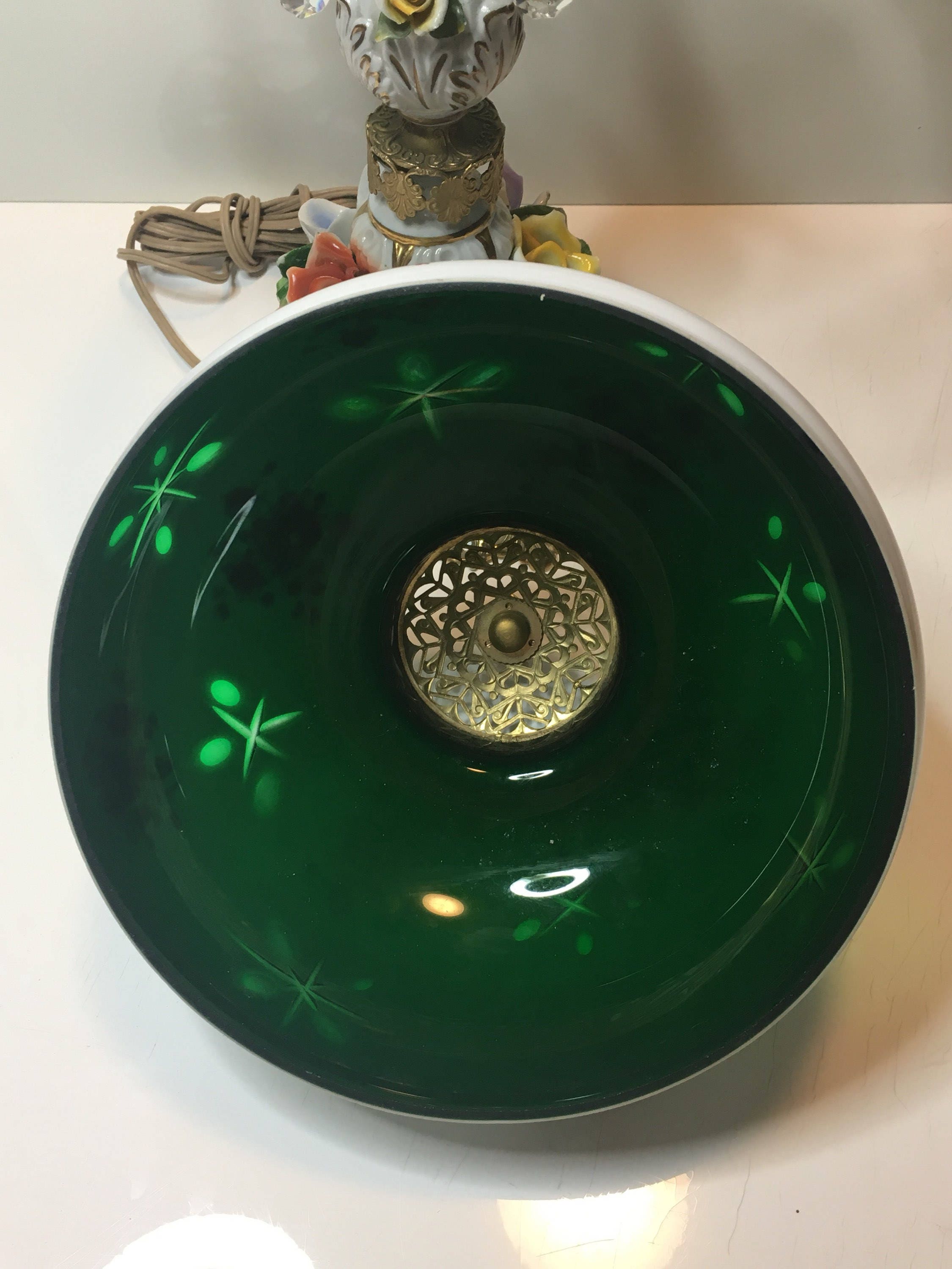 Antique Lamp – Italian Porcelain & Green Crystal Art Deco Table Light (1940s) — photo 7 of 10
