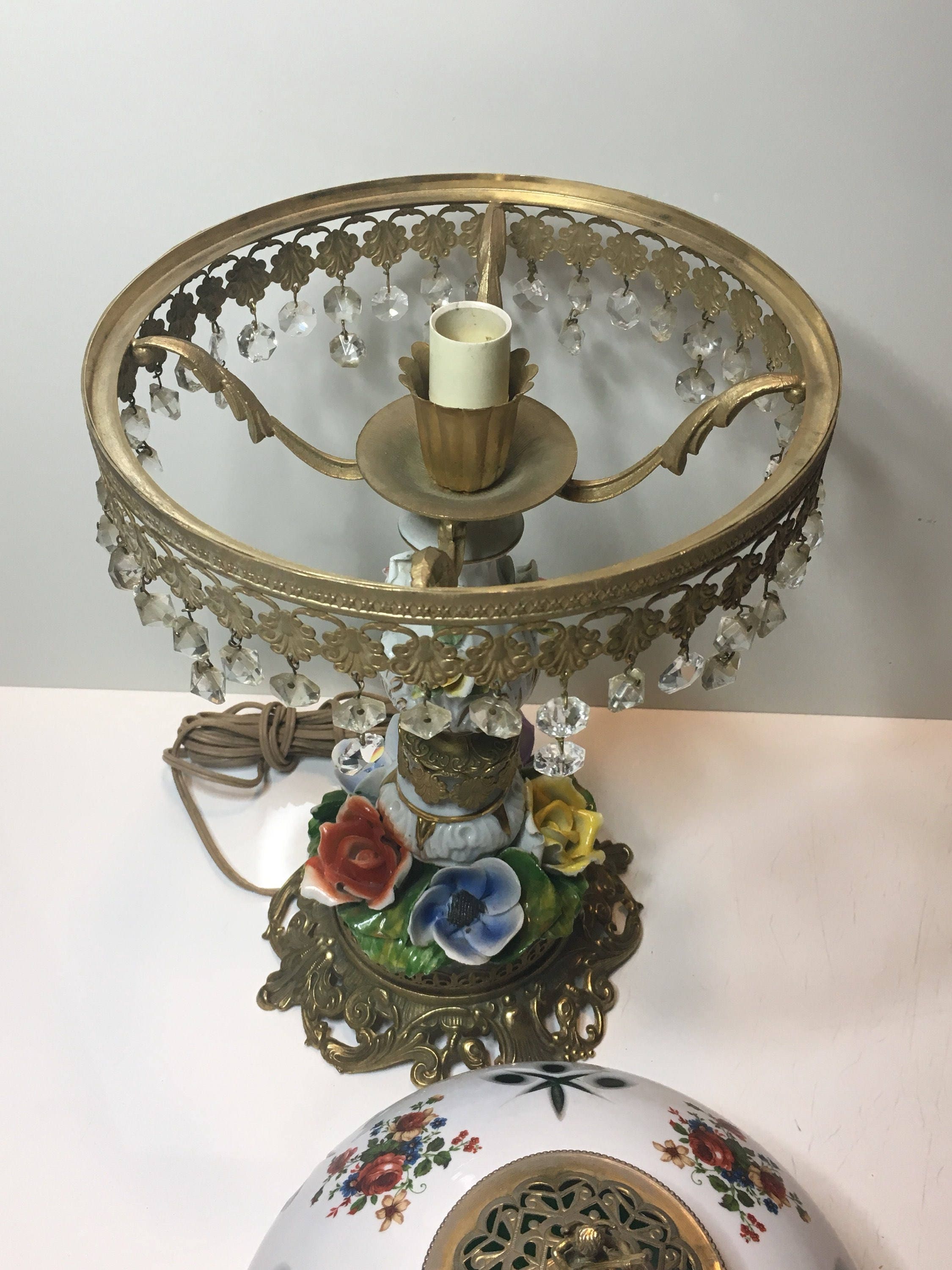 Antique Lamp – Italian Porcelain & Green Crystal Art Deco Table Light (1940s) — photo 8 of 10