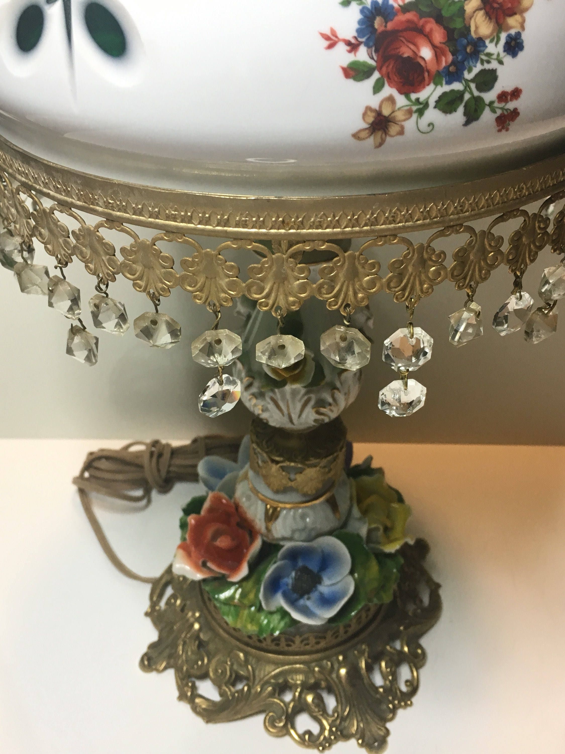 Antique Lamp – Italian Porcelain & Green Crystal Art Deco Table Light (1940s) — photo 9 of 10