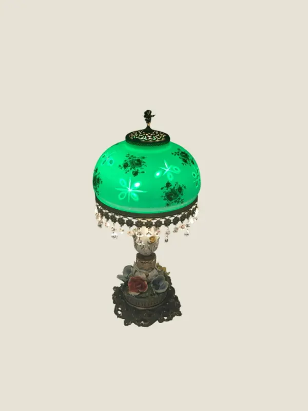 Antique Lamp – Italian Porcelain & Green Crystal Art Deco Table Light (1940s)