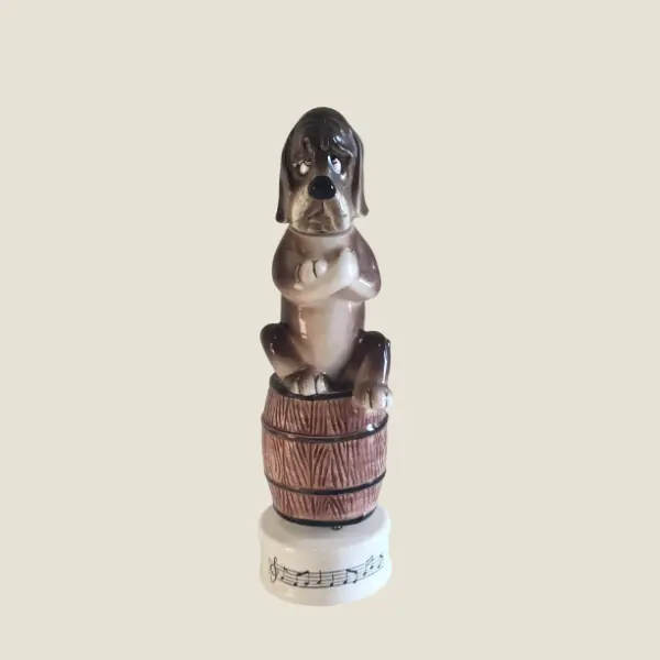 Vintage Music Box | 1950s French Porcelain Bottle Dog Figurine Rotating Collectible