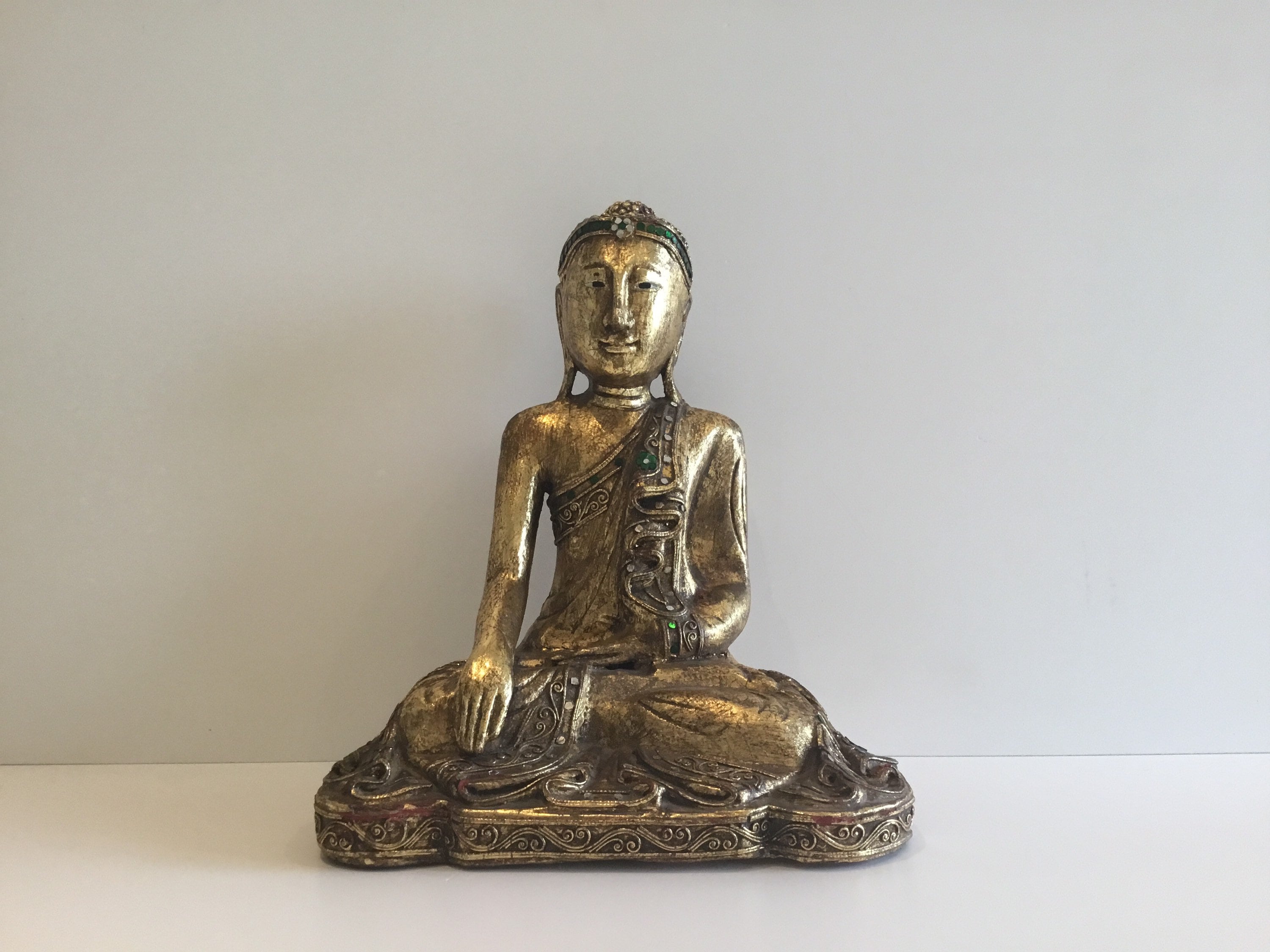 Vintage Buddha | 1970s Burmese Wood Statue, Gold Leaf Mandalay Buddhist Art — photo 2 of 8