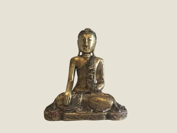 Vintage Buddha | 1970s Burmese Wood Statue, Gold Leaf Mandalay Buddhist Art