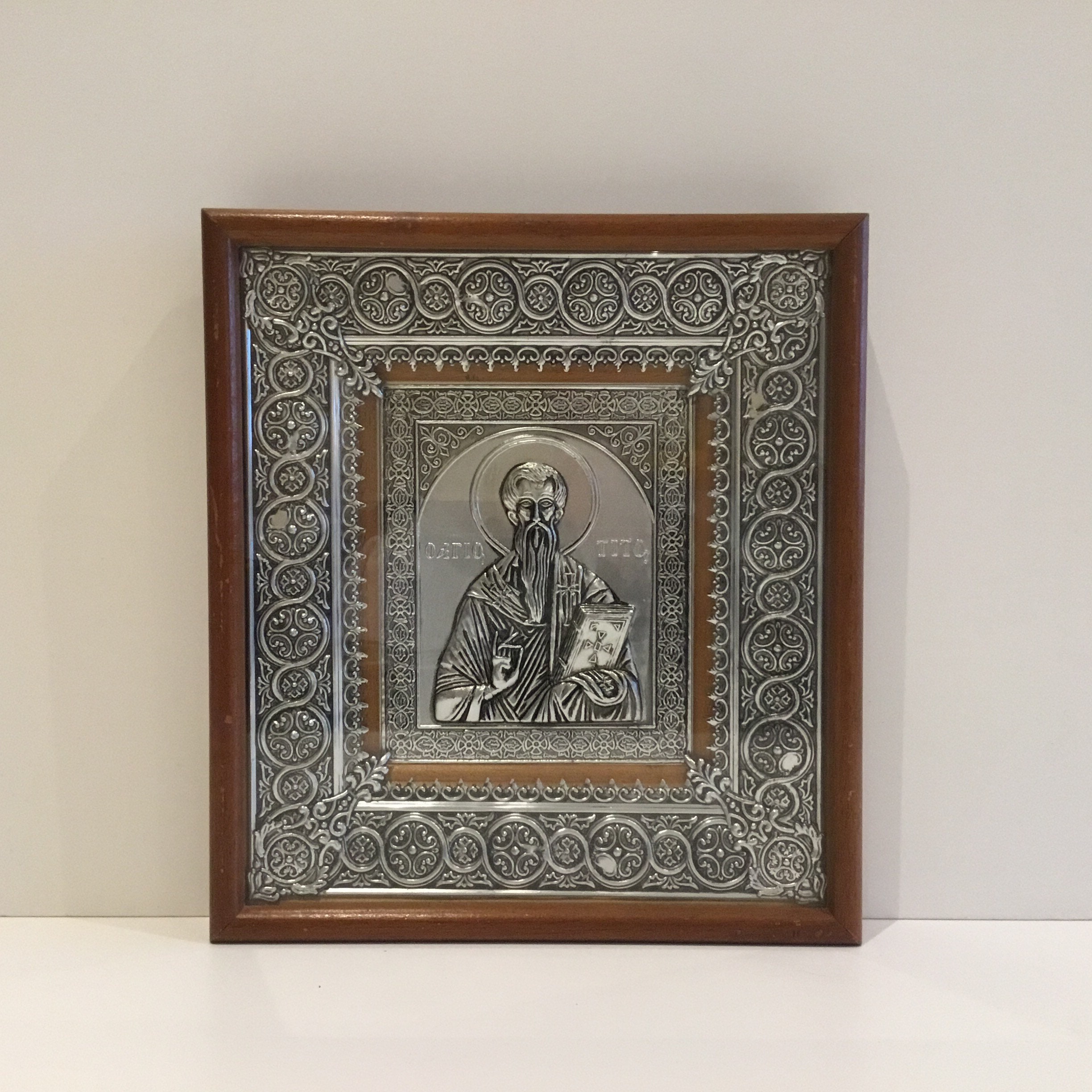 Vintage Icon | 1960s Saint Tito Silver Metal Wall Art, Greek Religious Bas-Relief — photo 2 of 11