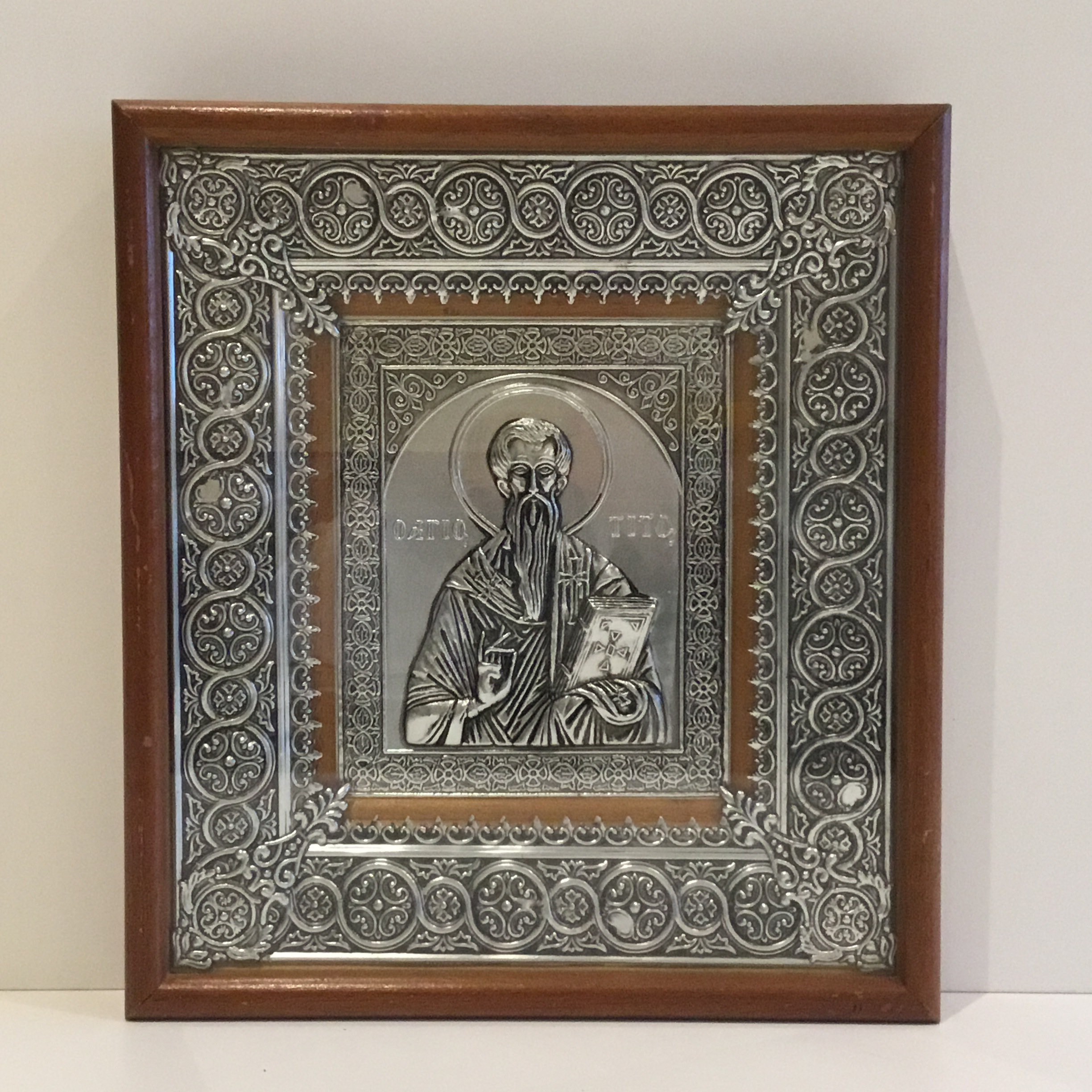 Vintage Icon | 1960s Saint Tito Silver Metal Wall Art, Greek Religious Bas-Relief — photo 3 of 11