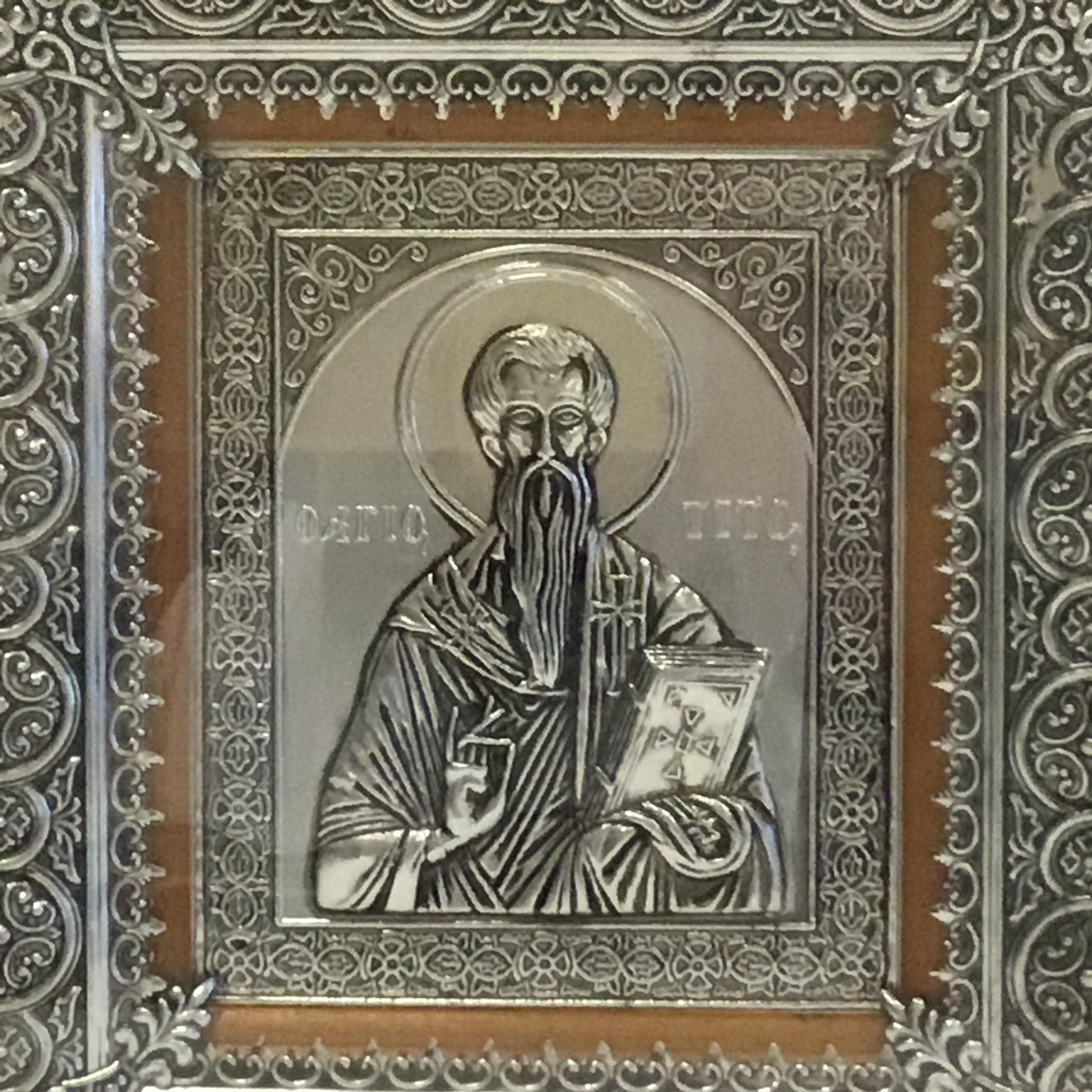 Vintage Icon | 1960s Saint Tito Silver Metal Wall Art, Greek Religious Bas-Relief — photo 4 of 11