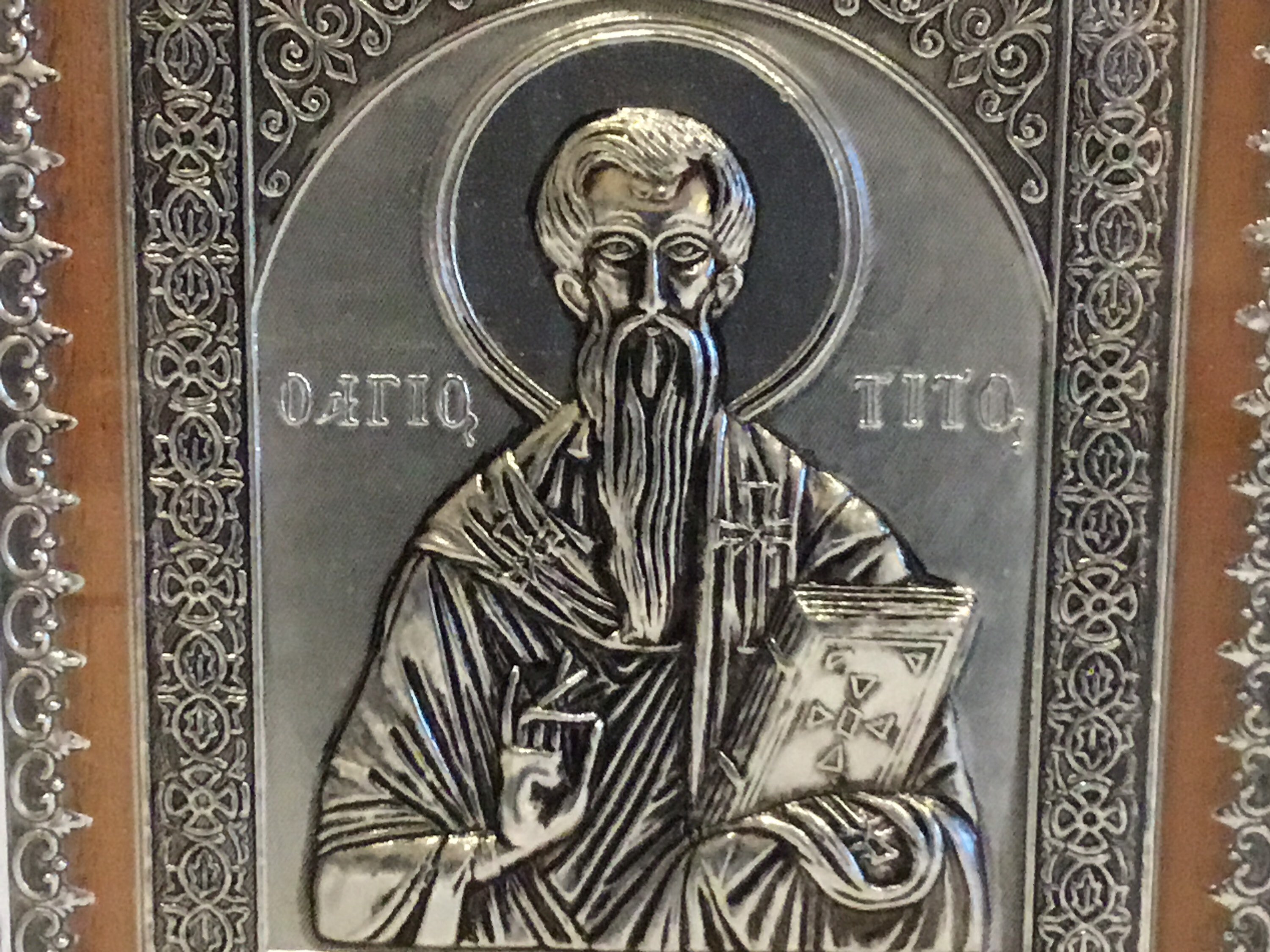 Vintage Icon | 1960s Saint Tito Silver Metal Wall Art, Greek Religious Bas-Relief — photo 8 of 11
