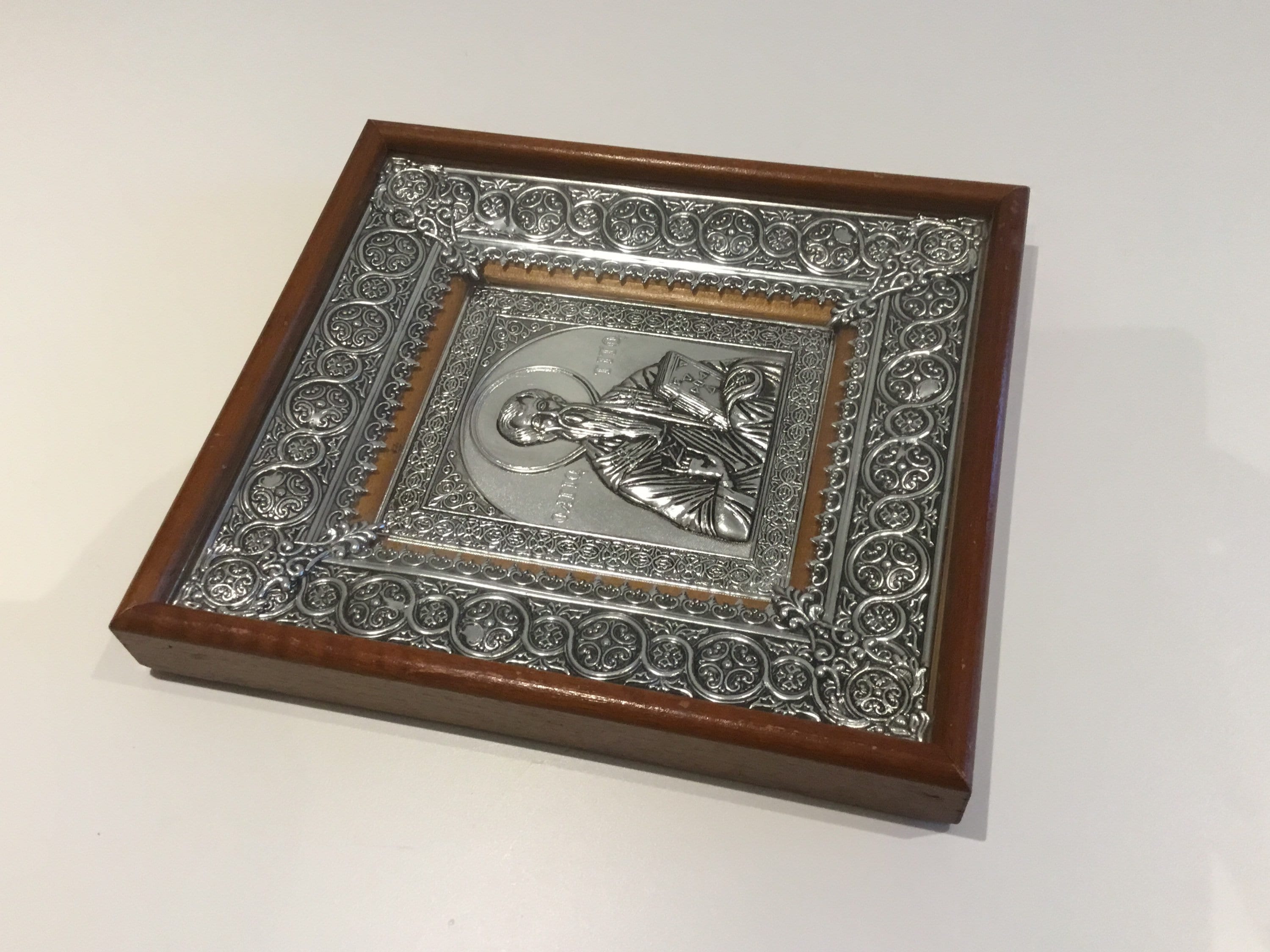 Vintage Icon | 1960s Saint Tito Silver Metal Wall Art, Greek Religious Bas-Relief — photo 9 of 11