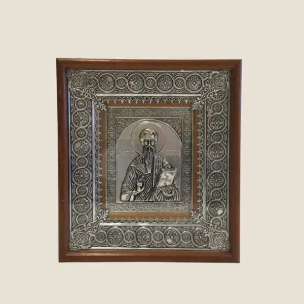 Vintage Icon | 1960s Saint Tito Silver Metal Wall Art, Greek Religious Bas-Relief