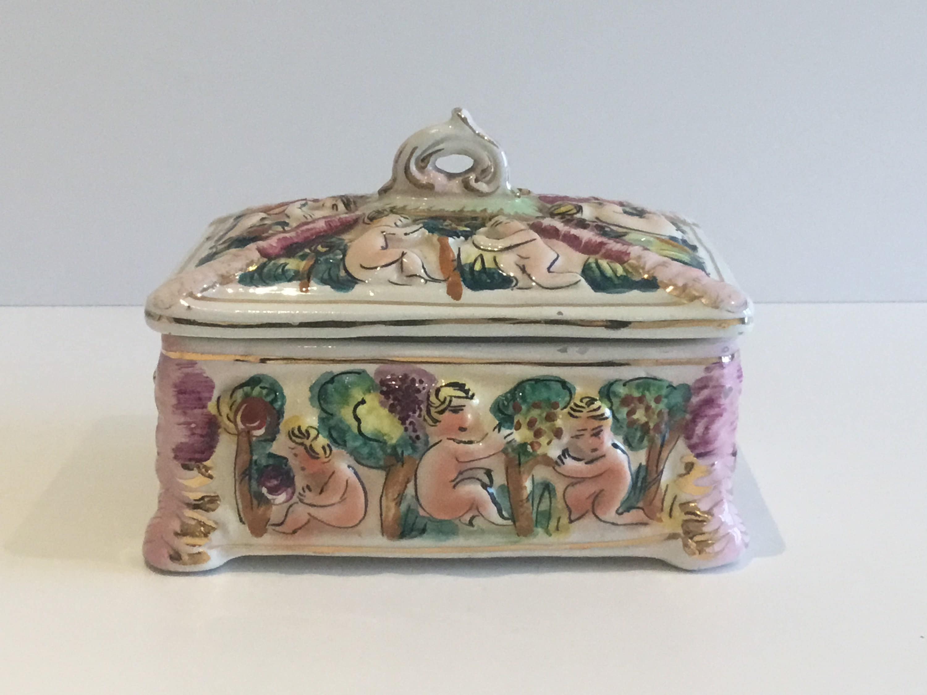 Vintage Porcelain | Capodimonte Italian Box 1950s, Cherubs & Nature Motifs — photo 2 of 7