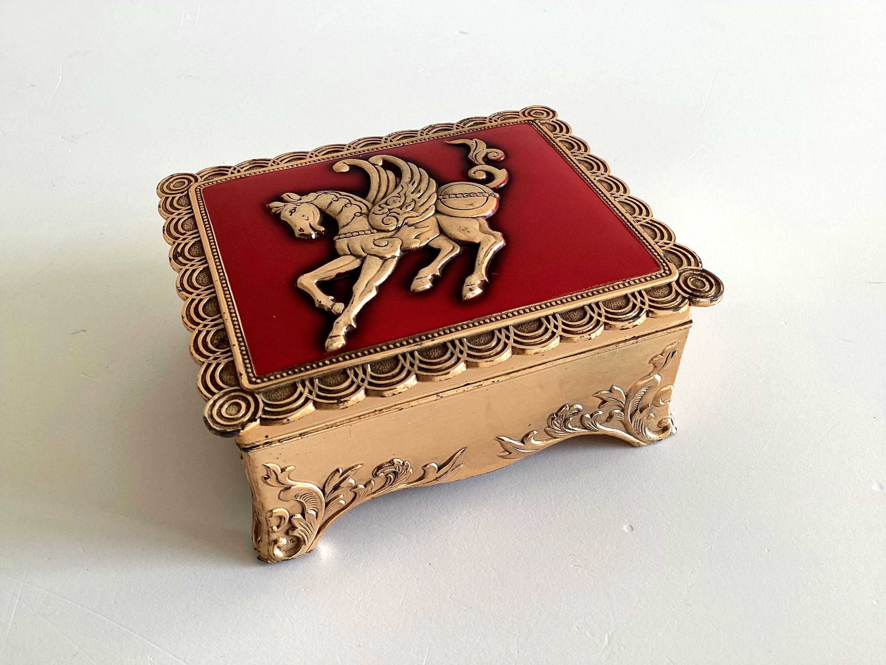Vintage French Cigarette Box | Art Deco Gold Plated & Red Enamel, Winged Horse, 1930s — photo 2 of 11