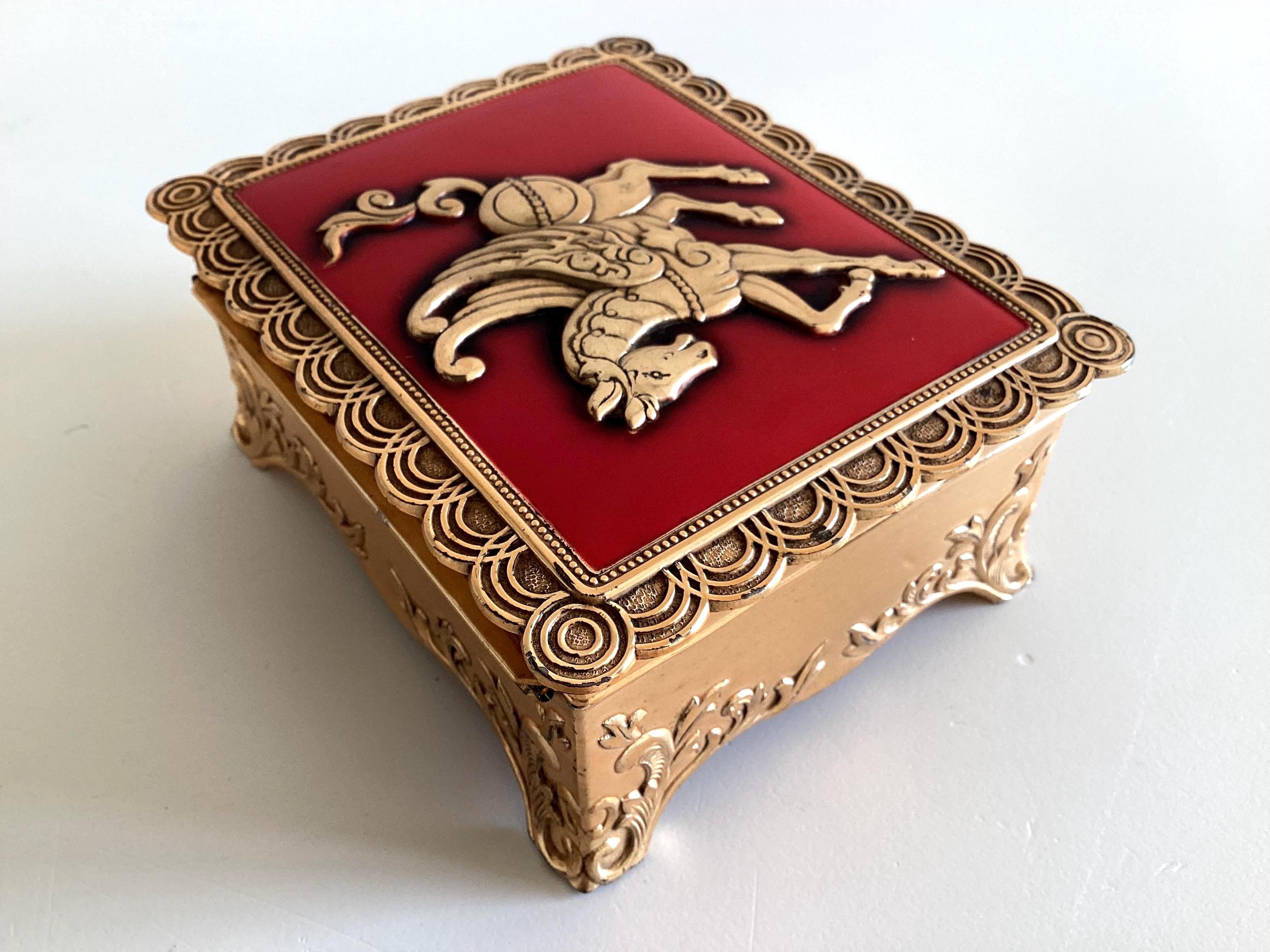 Vintage French Cigarette Box | Art Deco Gold Plated & Red Enamel, Winged Horse, 1930s — photo 11 of 11