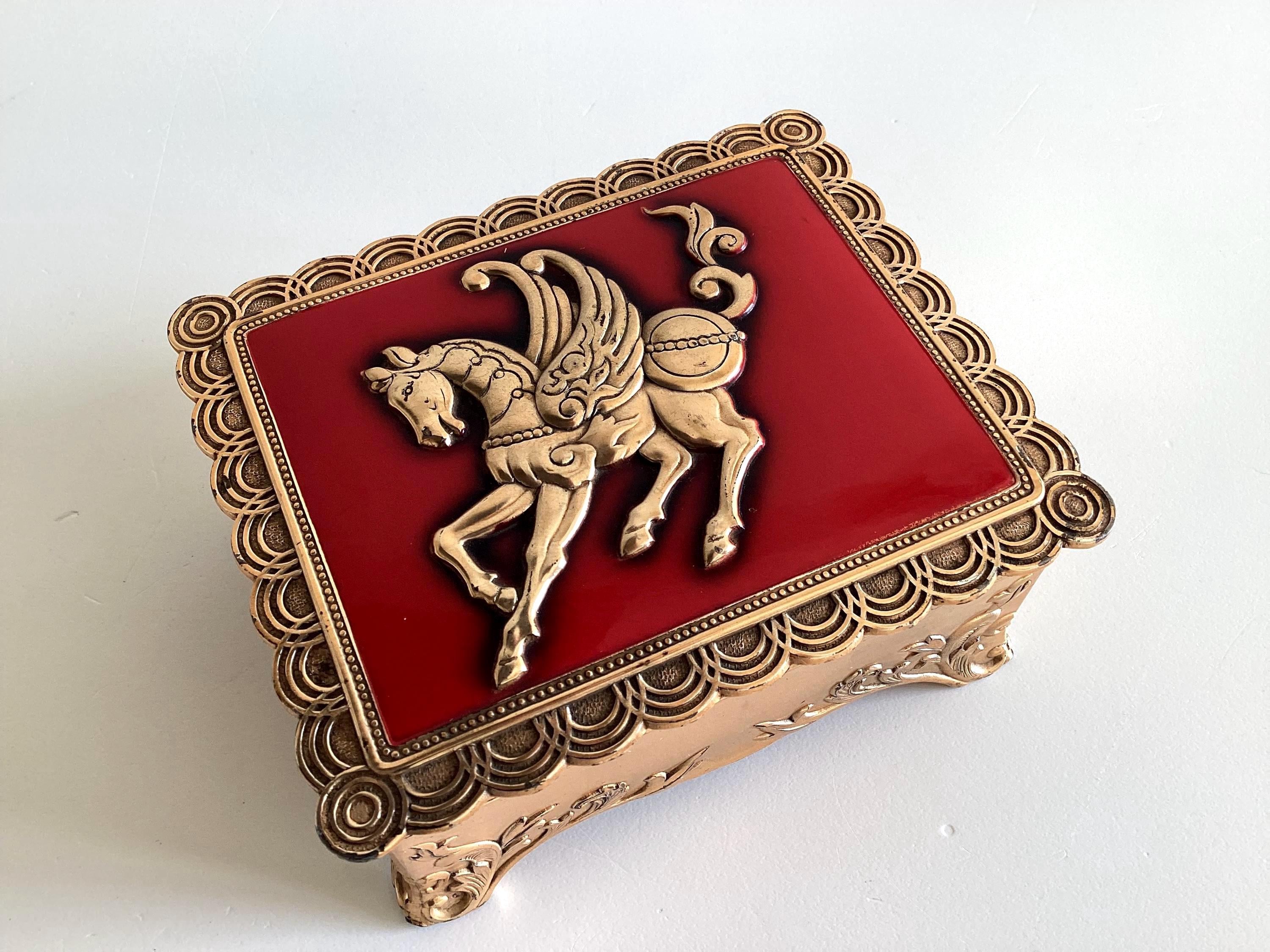 Vintage French Cigarette Box | Art Deco Gold Plated & Red Enamel, Winged Horse, 1930s — photo 3 of 11