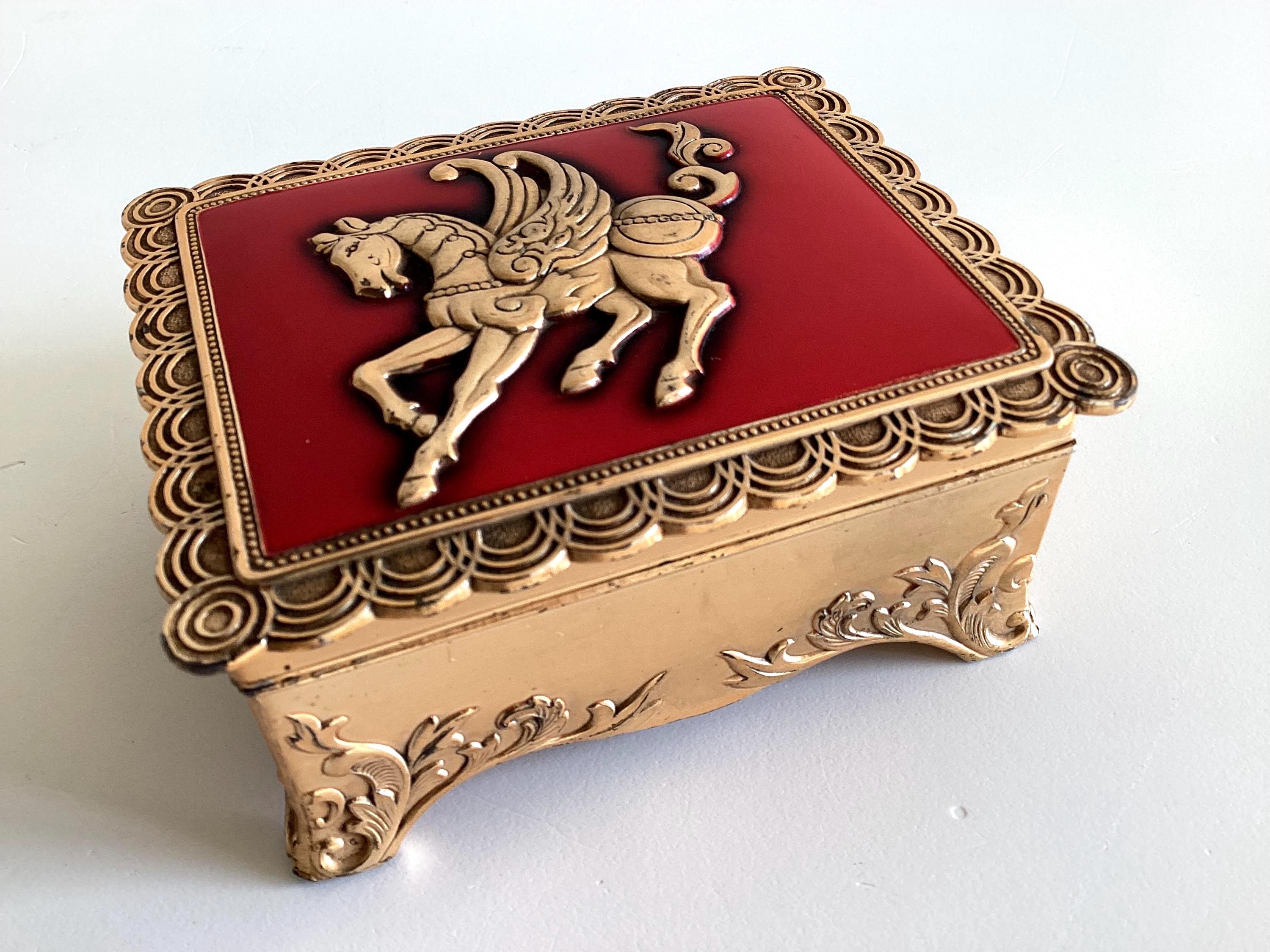 Vintage French Cigarette Box | Art Deco Gold Plated & Red Enamel, Winged Horse, 1930s — photo 5 of 11