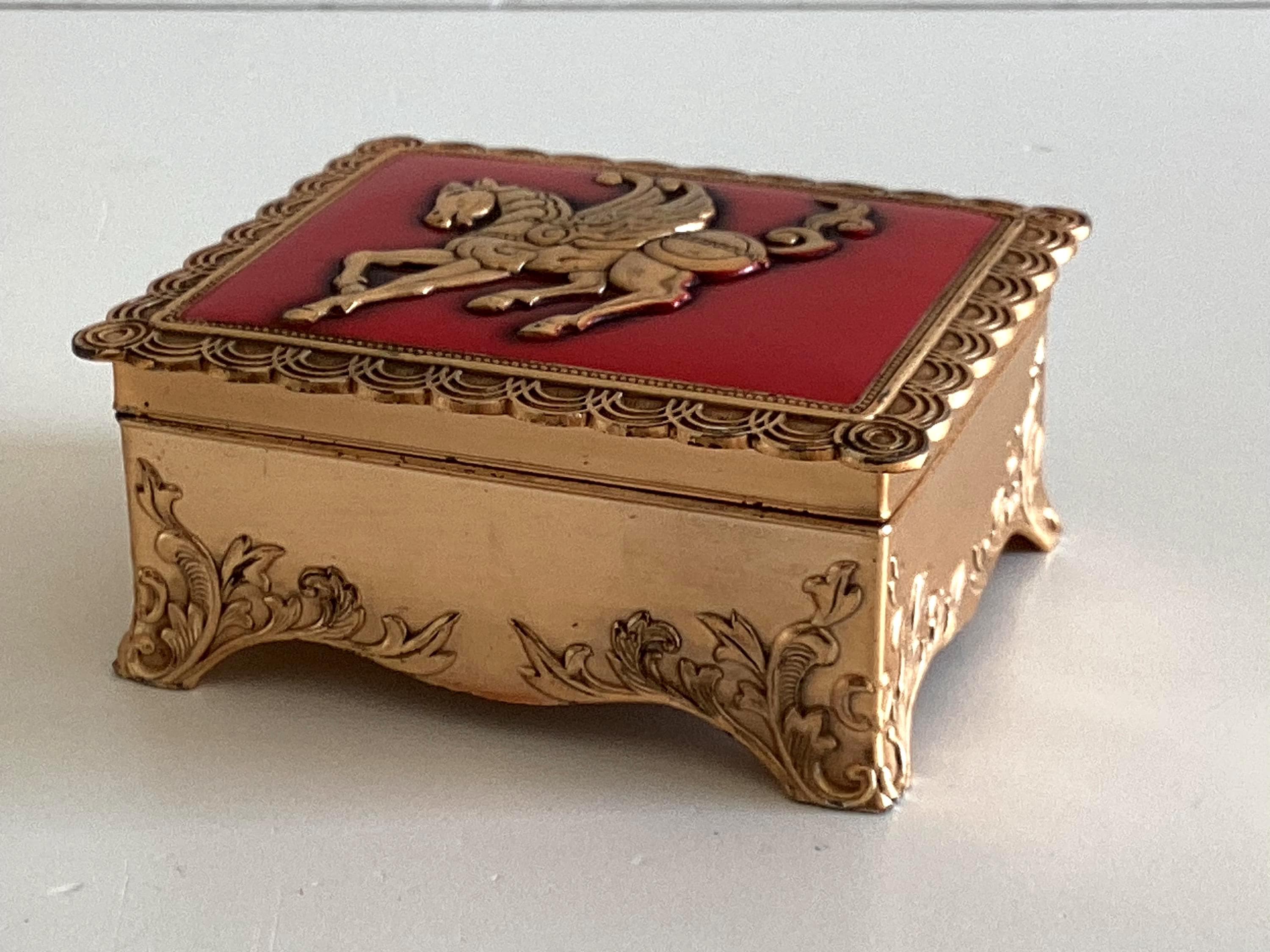 Vintage French Cigarette Box | Art Deco Gold Plated & Red Enamel, Winged Horse, 1930s — photo 6 of 11