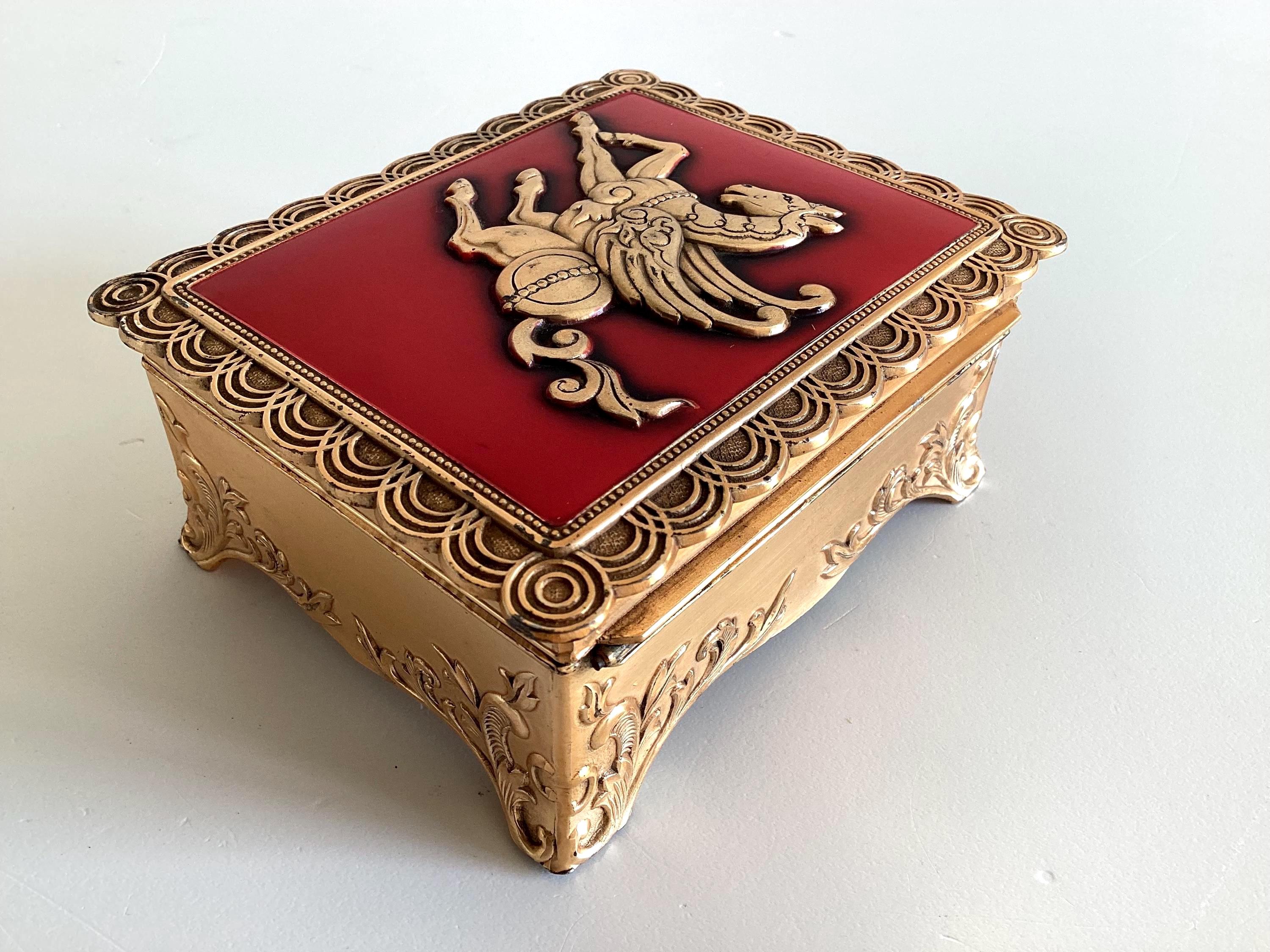 Vintage French Cigarette Box | Art Deco Gold Plated & Red Enamel, Winged Horse, 1930s — photo 7 of 11