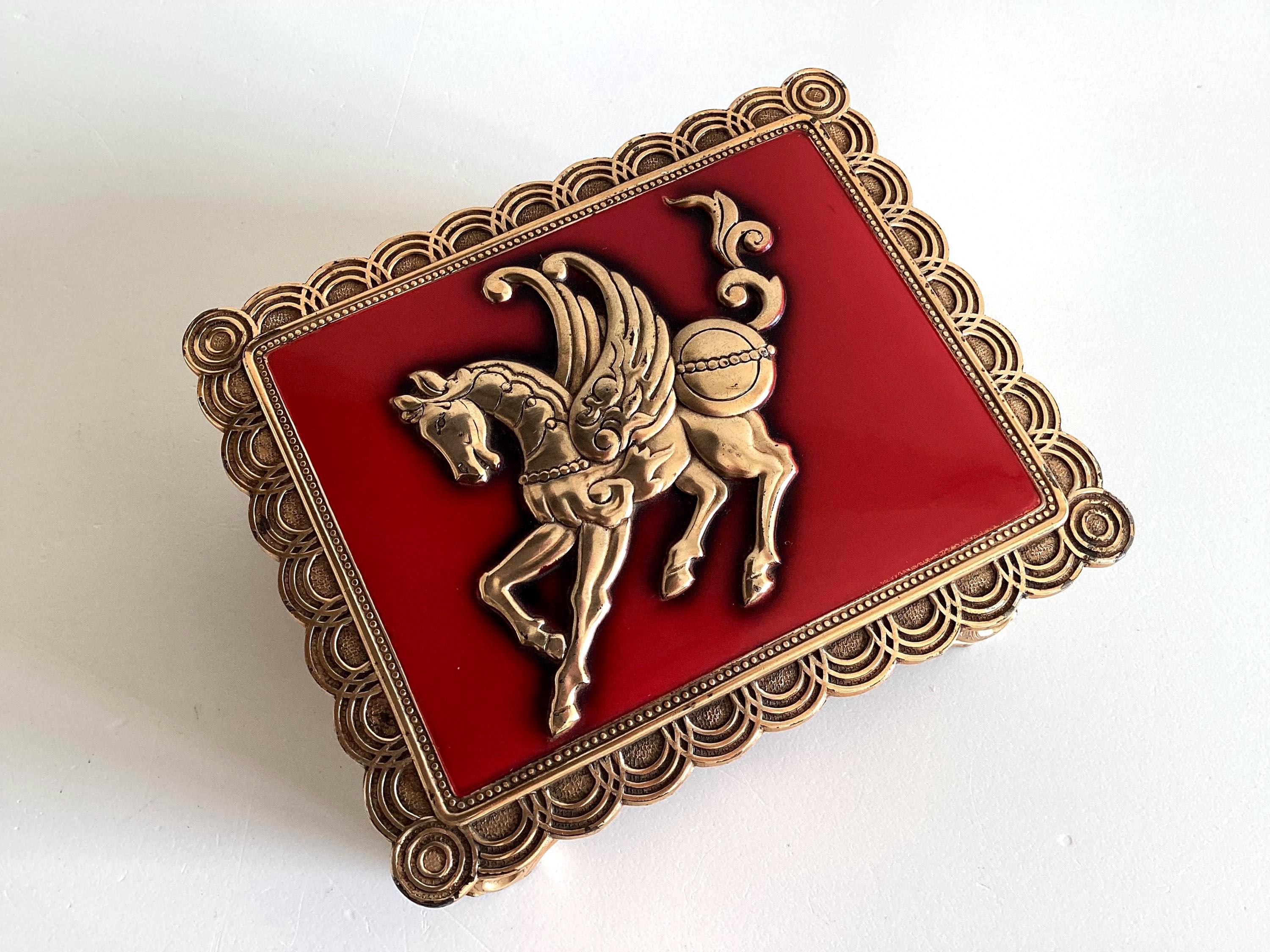 Vintage French Cigarette Box | Art Deco Gold Plated & Red Enamel, Winged Horse, 1930s — photo 8 of 11