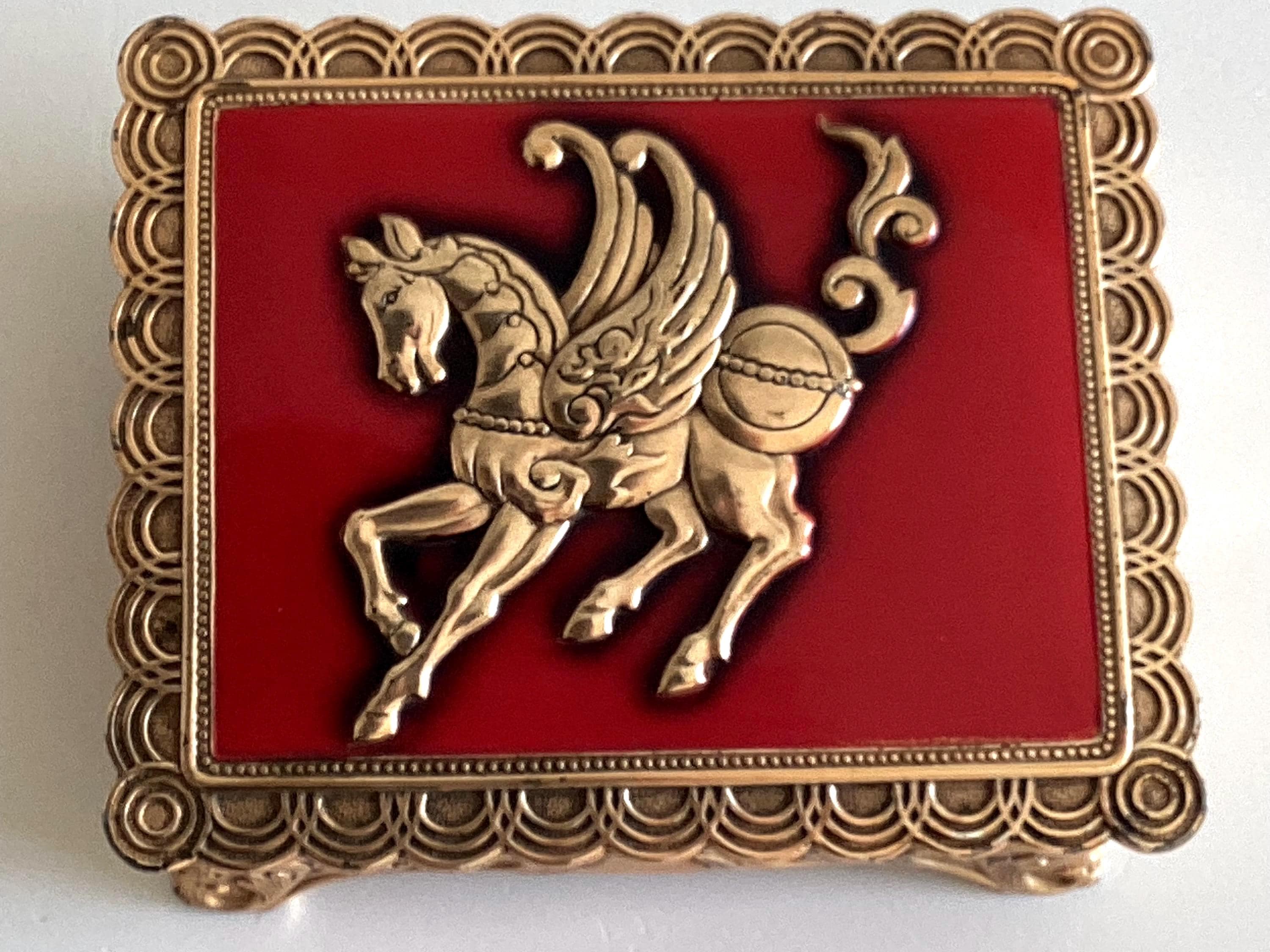 Vintage French Cigarette Box | Art Deco Gold Plated & Red Enamel, Winged Horse, 1930s — photo 10 of 11