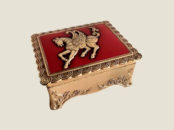 Vintage French Cigarette Box | Art Deco Gold Plated & Red Enamel, Winged Horse, 1930s