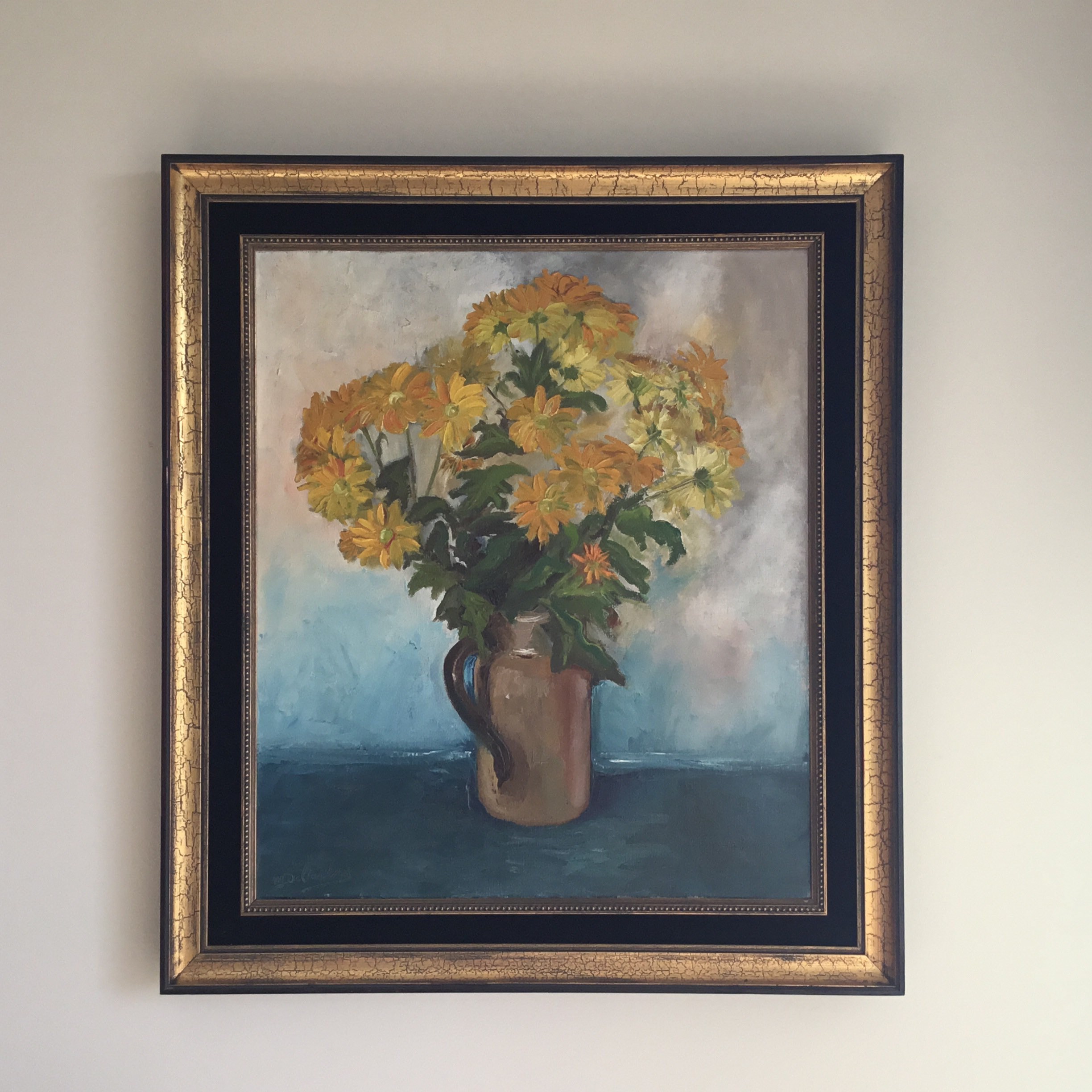 Vintage Floral Painting | Delarbre 1960s French Artist, Yellow Flowers Oil on Canvas — photo 2 of 11