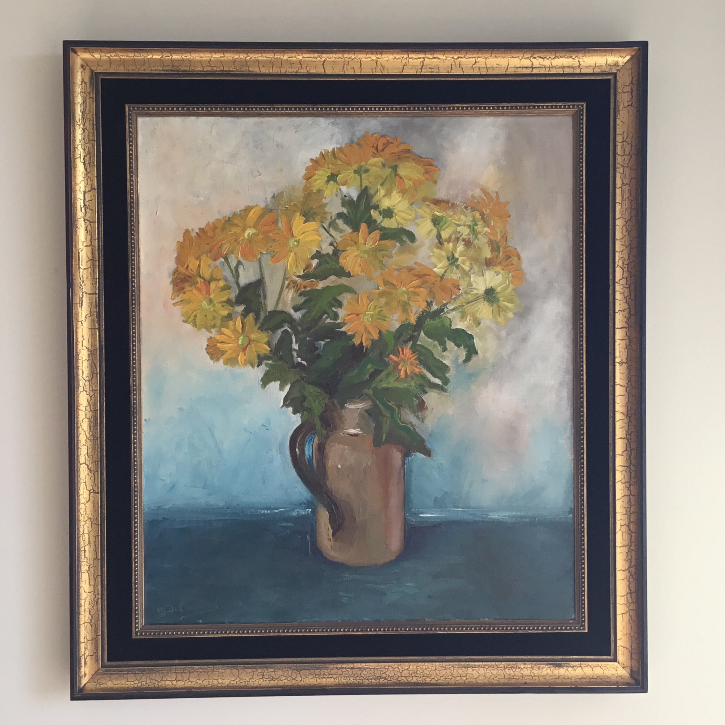 Vintage Floral Painting | Delarbre 1960s French Artist, Yellow Flowers Oil on Canvas — photo 3 of 11