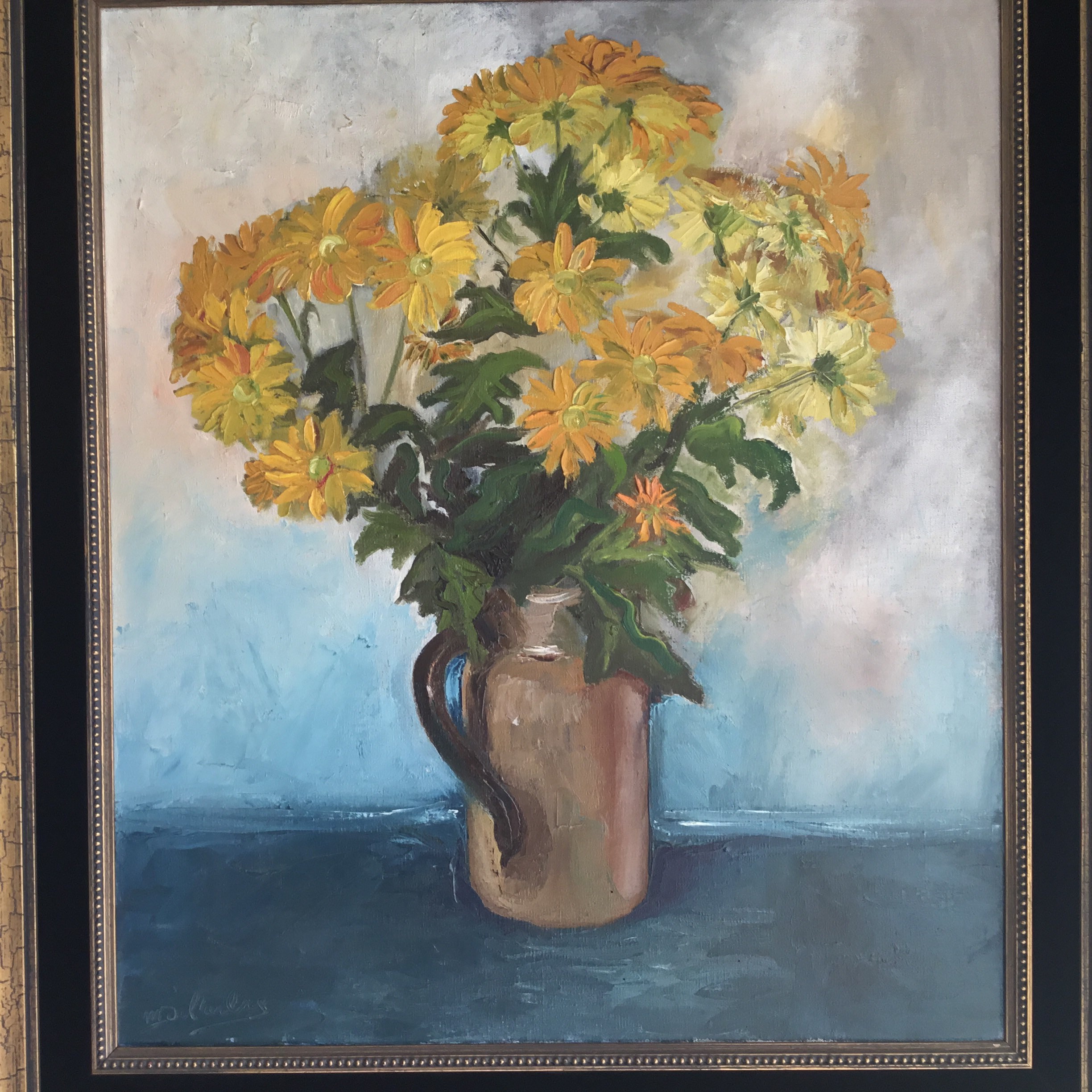 Vintage Floral Painting | Delarbre 1960s French Artist, Yellow Flowers Oil on Canvas — photo 4 of 11
