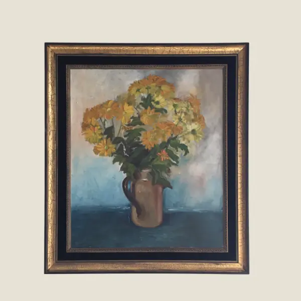 Vintage Floral Painting | Delarbre 1960s French Artist, Yellow Flowers Oil on Canvas