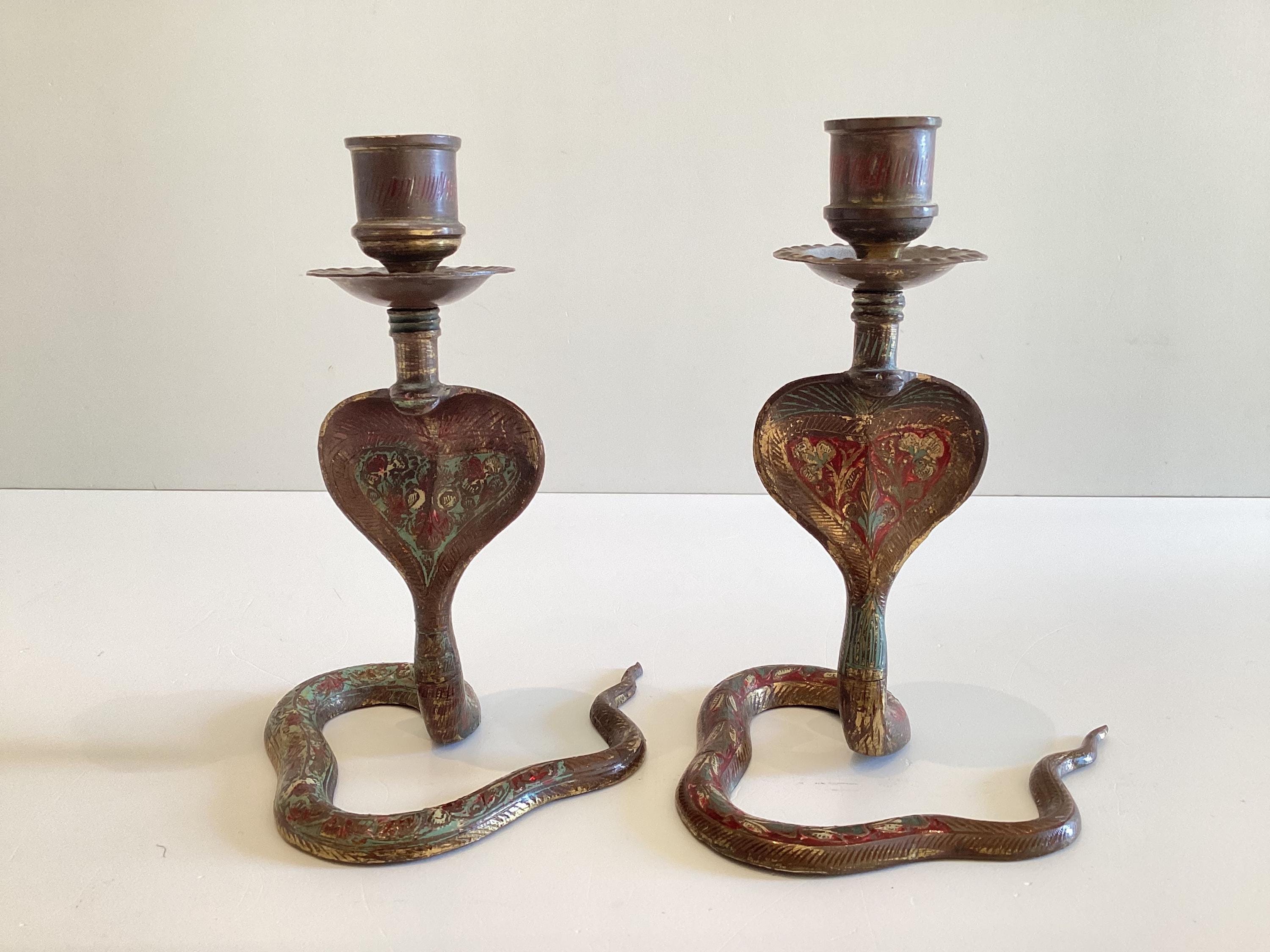 Vintage Candlesticks | 1950s Indian Cobra Pair, Handmade Unique Patina — photo 2 of 7