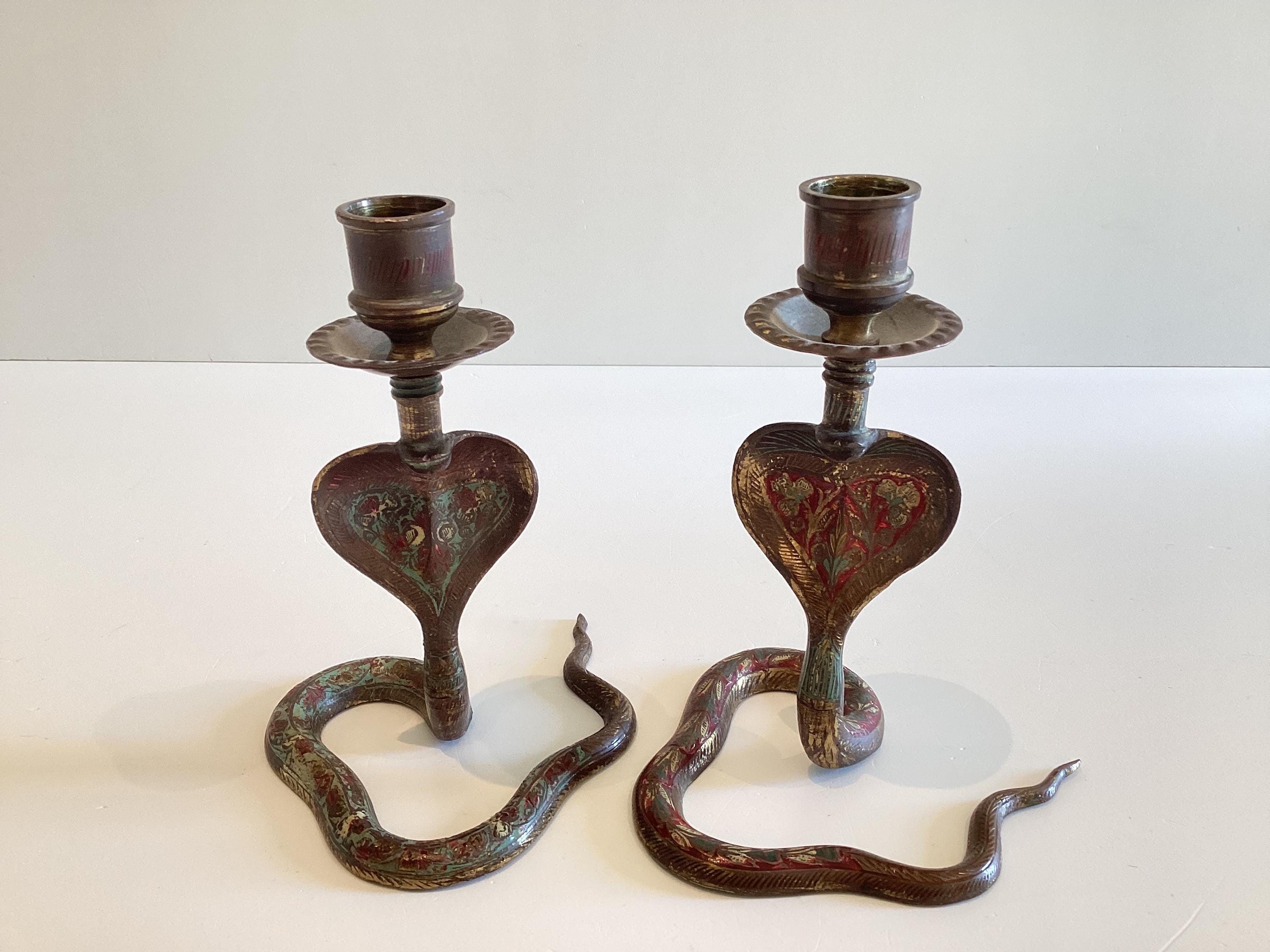 Vintage Candlesticks | 1950s Indian Cobra Pair, Handmade Unique Patina — photo 3 of 7