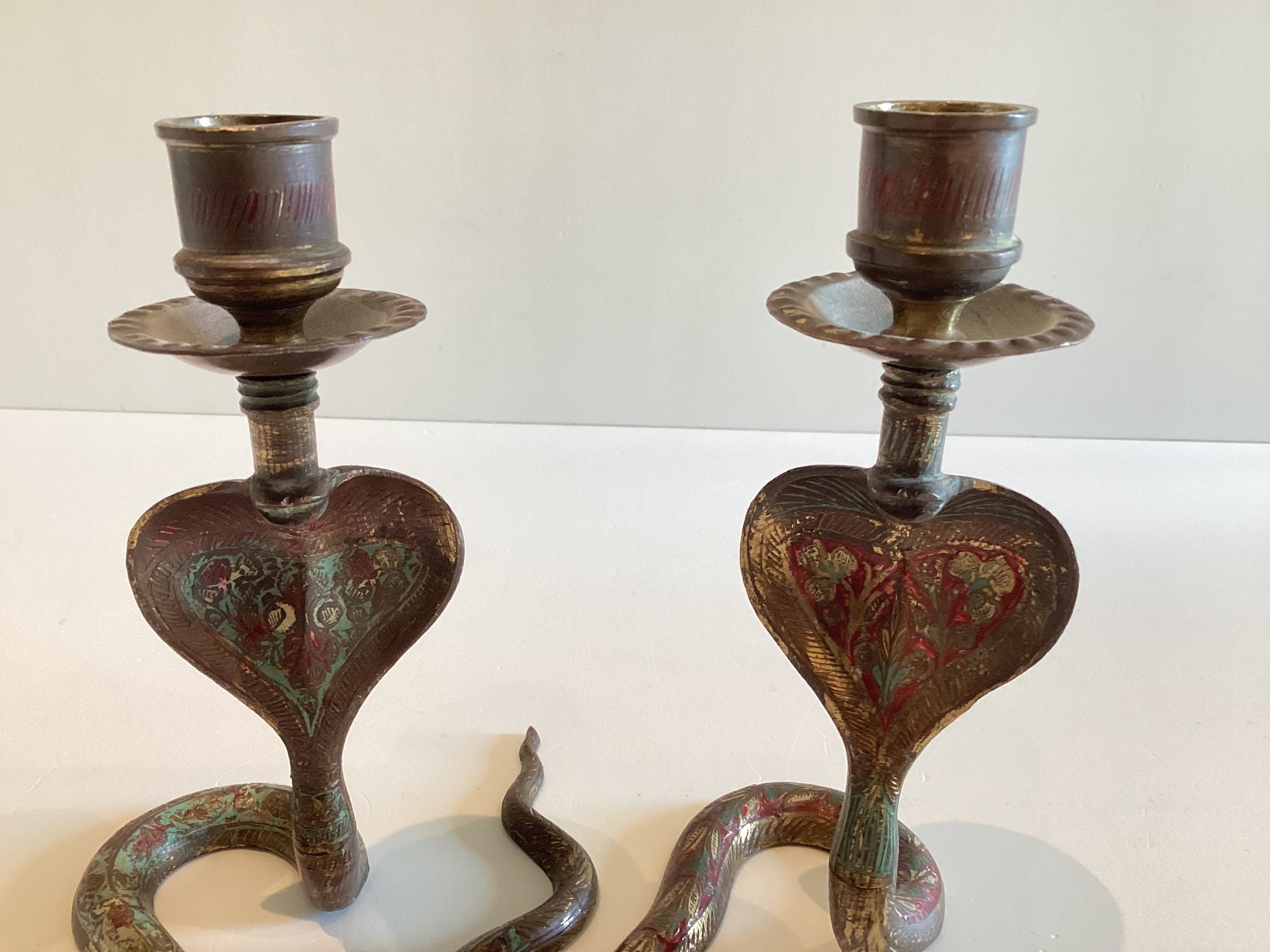 Vintage Candlesticks | 1950s Indian Cobra Pair, Handmade Unique Patina — photo 4 of 7