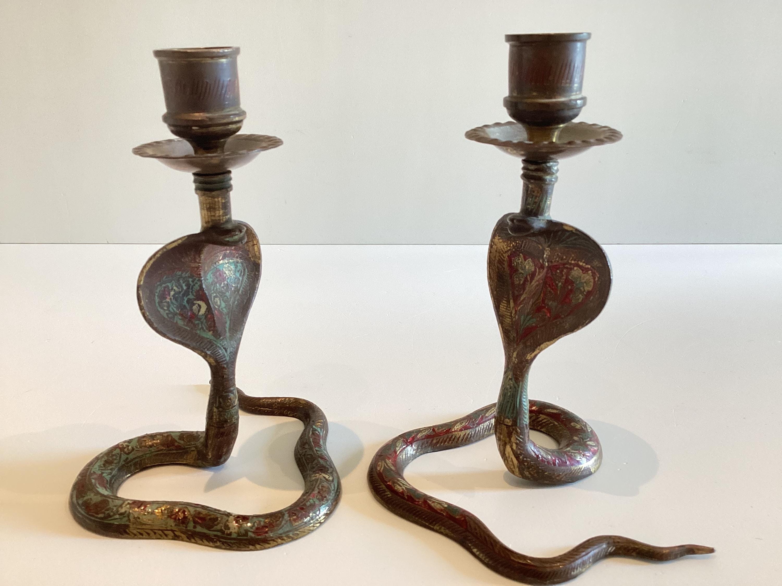 Vintage Candlesticks | 1950s Indian Cobra Pair, Handmade Unique Patina — photo 5 of 7