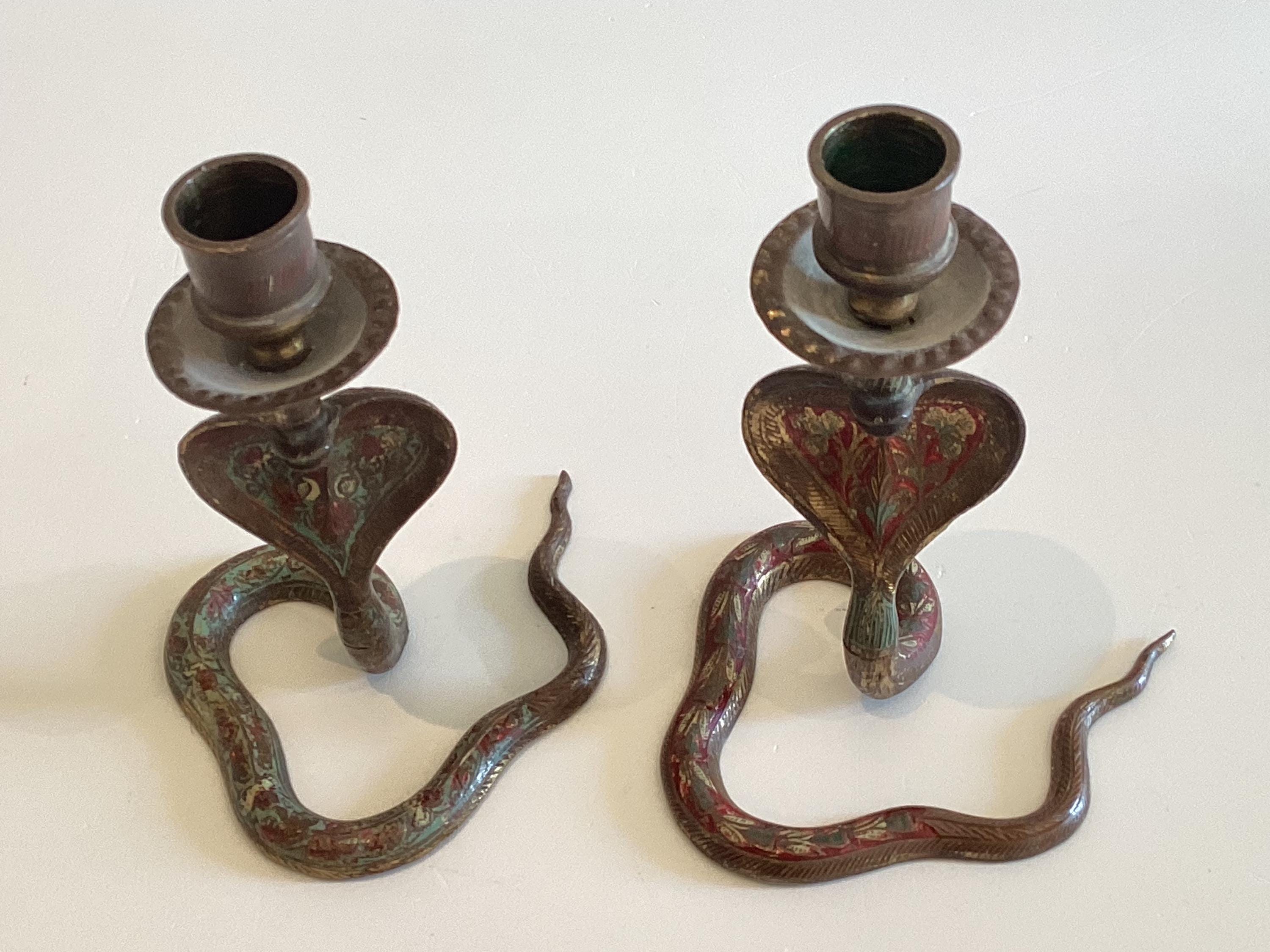 Vintage Candlesticks | 1950s Indian Cobra Pair, Handmade Unique Patina — photo 6 of 7