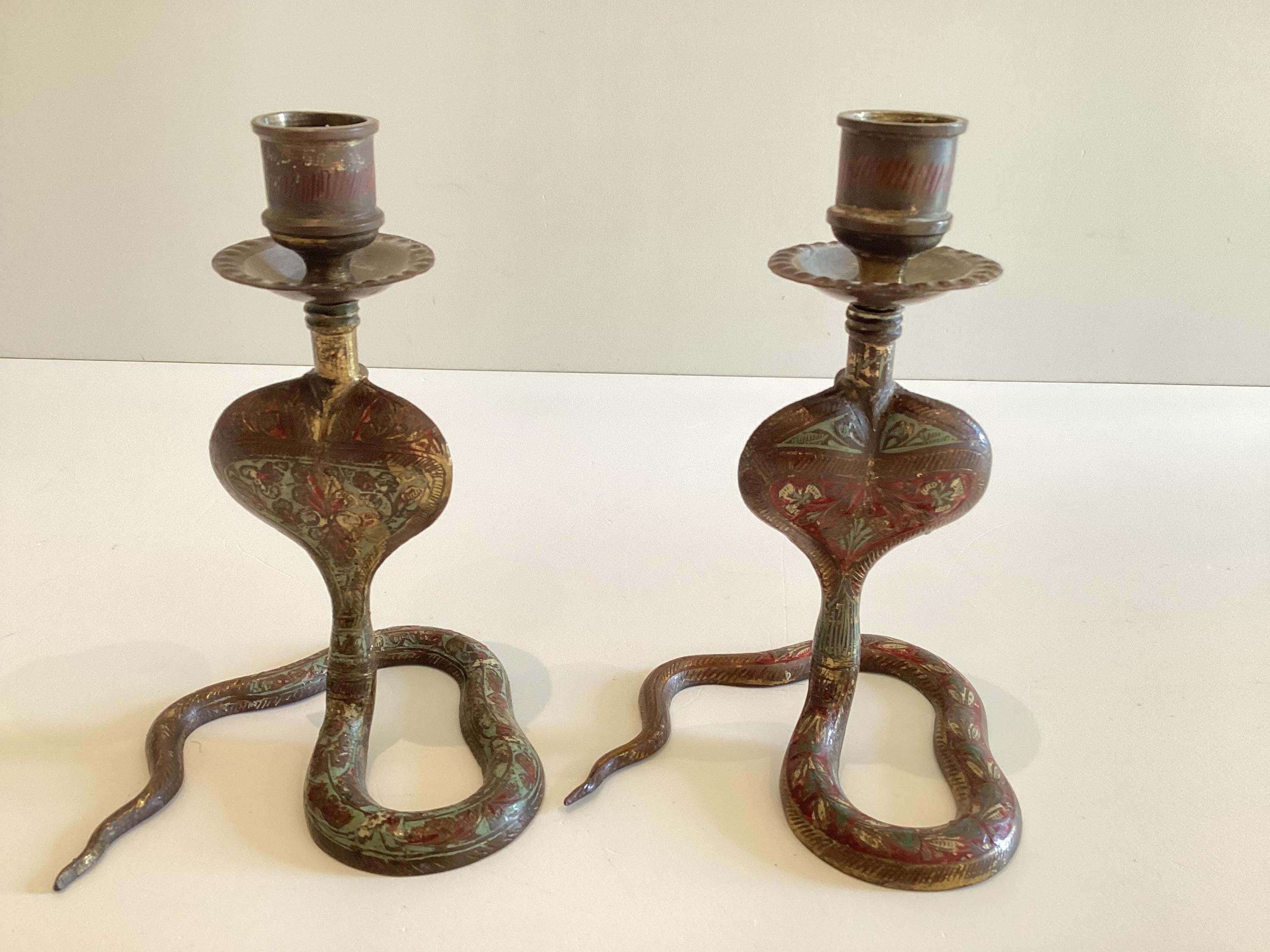 Vintage Candlesticks | 1950s Indian Cobra Pair, Handmade Unique Patina — photo 7 of 7