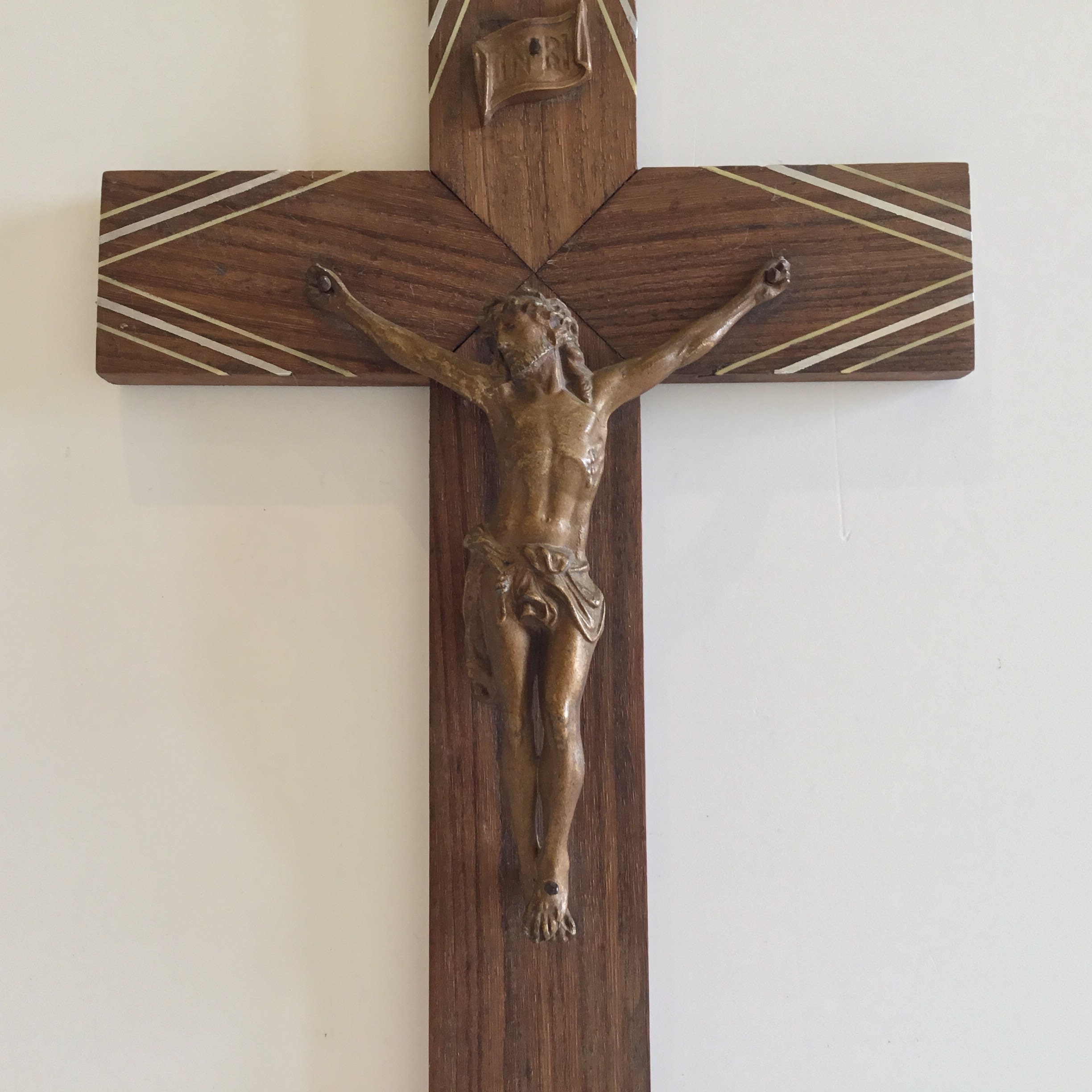 Vintage Crucifix | 1920s Signed A. Villien, Exotic Wood Inlay & Bronzed Metal, France — photo 2 of 8