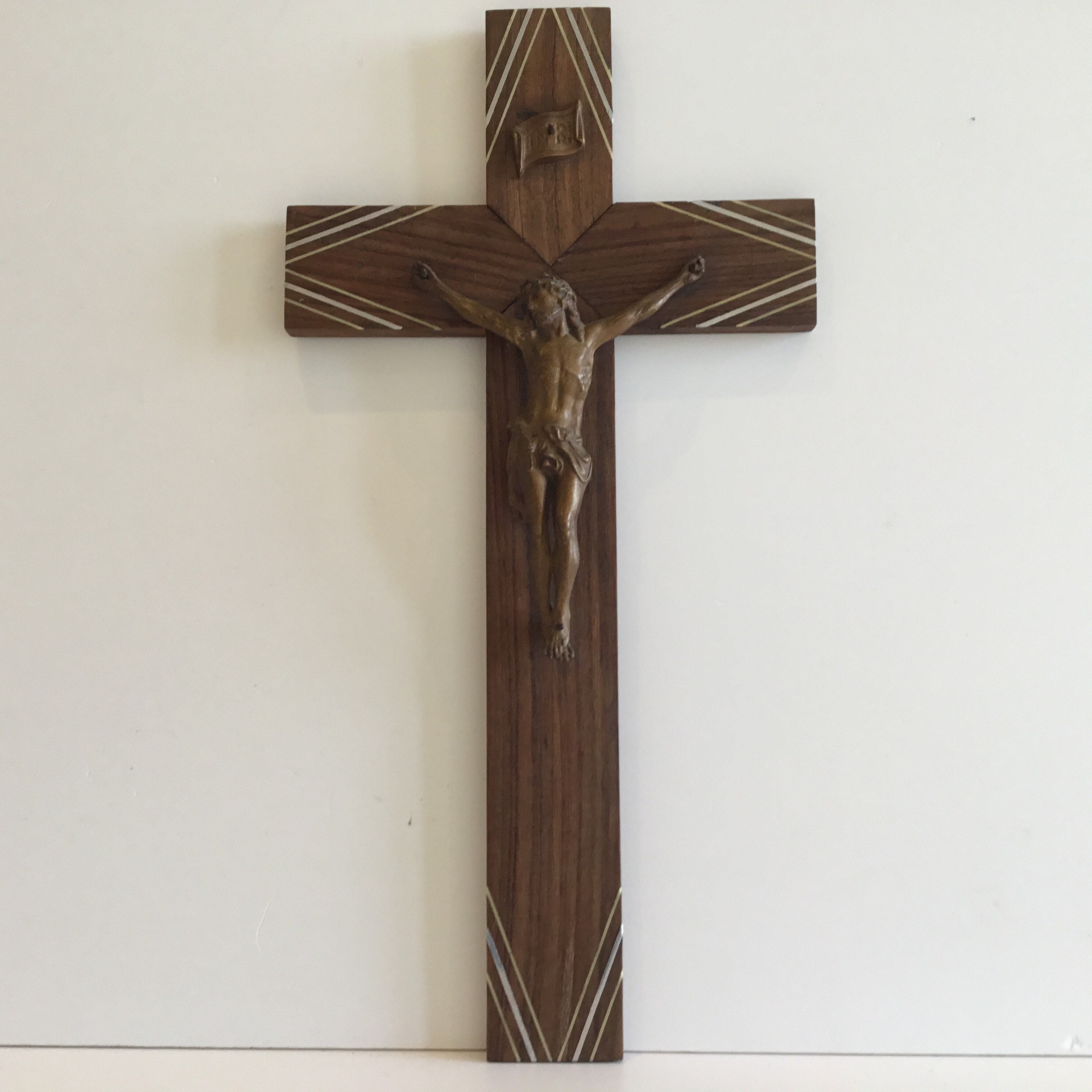 Vintage Crucifix | 1920s Signed A. Villien, Exotic Wood Inlay & Bronzed Metal, France — photo 3 of 8