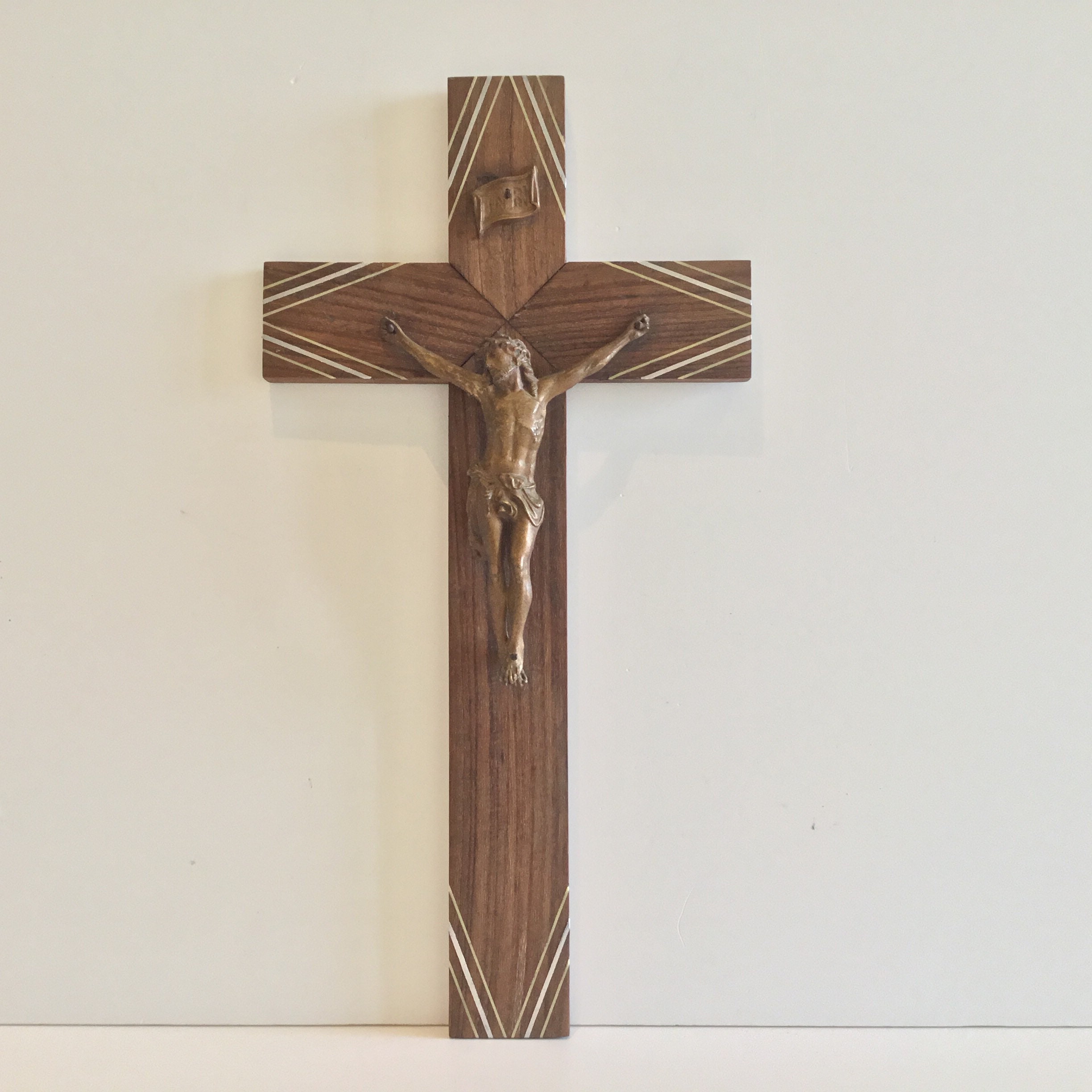 Vintage Crucifix | 1920s Signed A. Villien, Exotic Wood Inlay & Bronzed Metal, France — photo 4 of 8