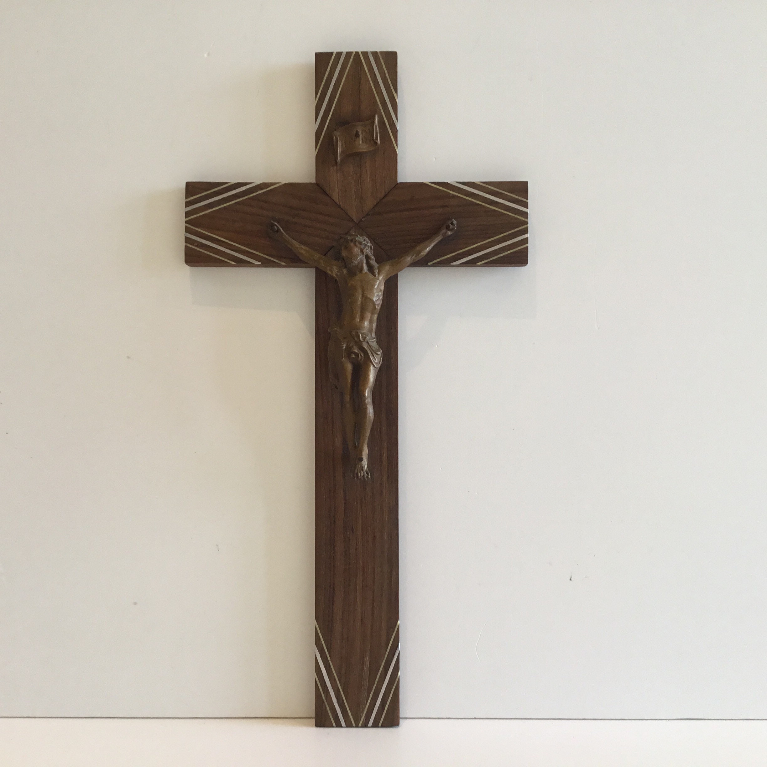 Vintage Crucifix | 1920s Signed A. Villien, Exotic Wood Inlay & Bronzed Metal, France — photo 5 of 8