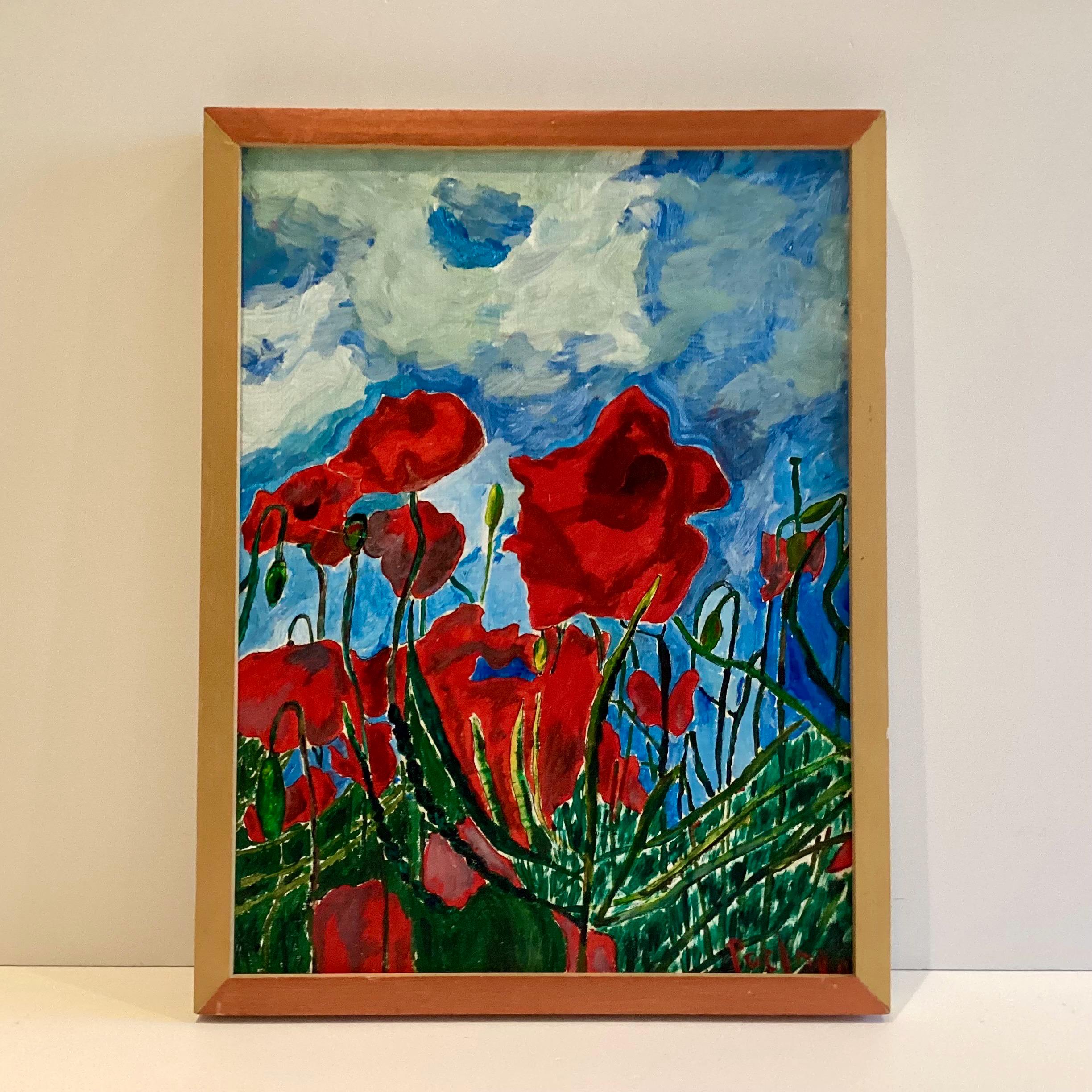 Vintage Expressionist Painting | Signed Poppies Oil on Canvas, Framed French Art — photo 2 of 9